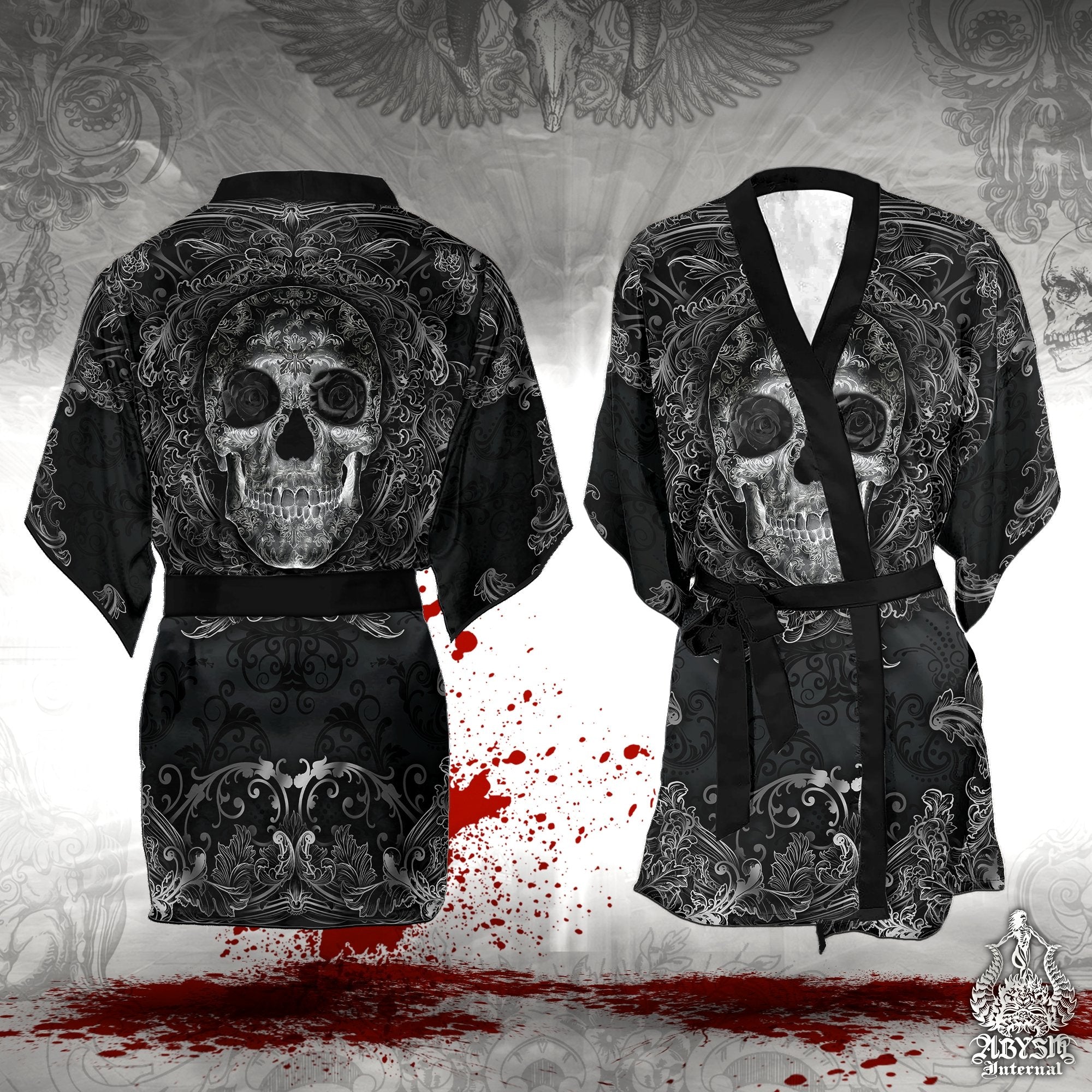 Skull Cover Up, Beach Outfit, Party Kimono, Summer Festival Robe, Gothic Indie and Alternative Clothing, Unisex - Dark - Abysm Internal