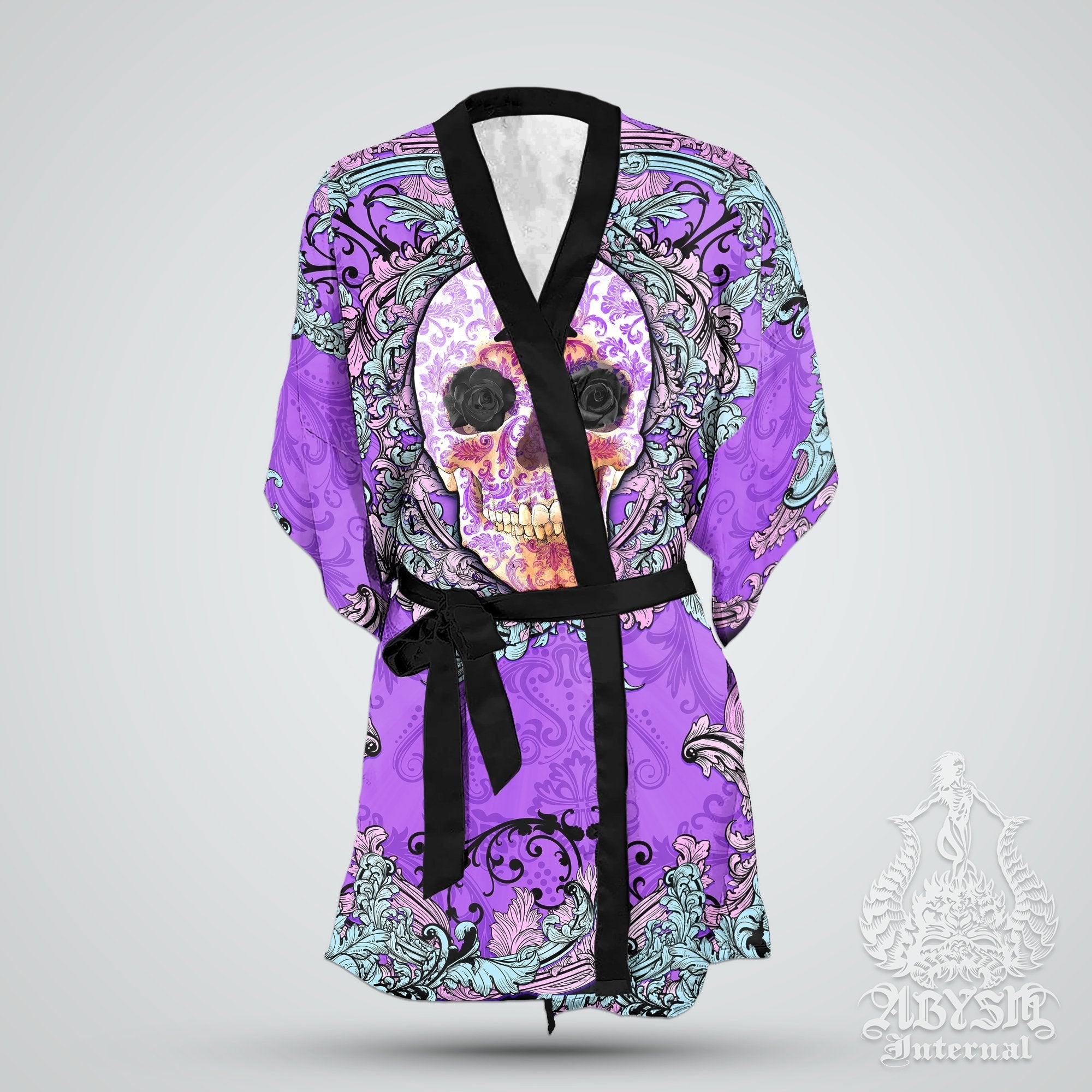 Skull Cover Up, Beach Outfit, Party Kimono, Summer Festival Robe, Gothic Indie and Alternative Clothing, Unisex - Pastel Goth - Abysm Internal