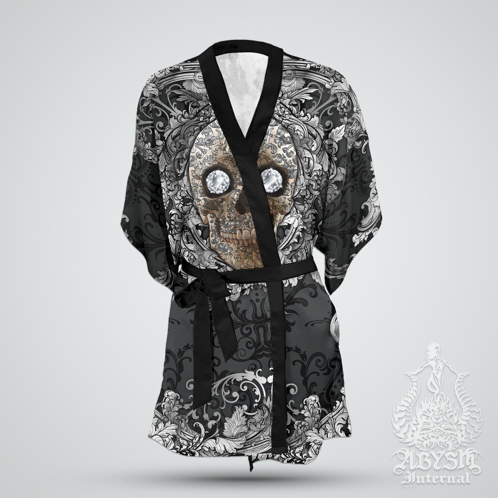 Skull Cover Up, Beach Outfit, Party Kimono, Summer Festival Robe, Gothic Indie and Alternative Clothing, Unisex - Silver Black - Abysm Internal