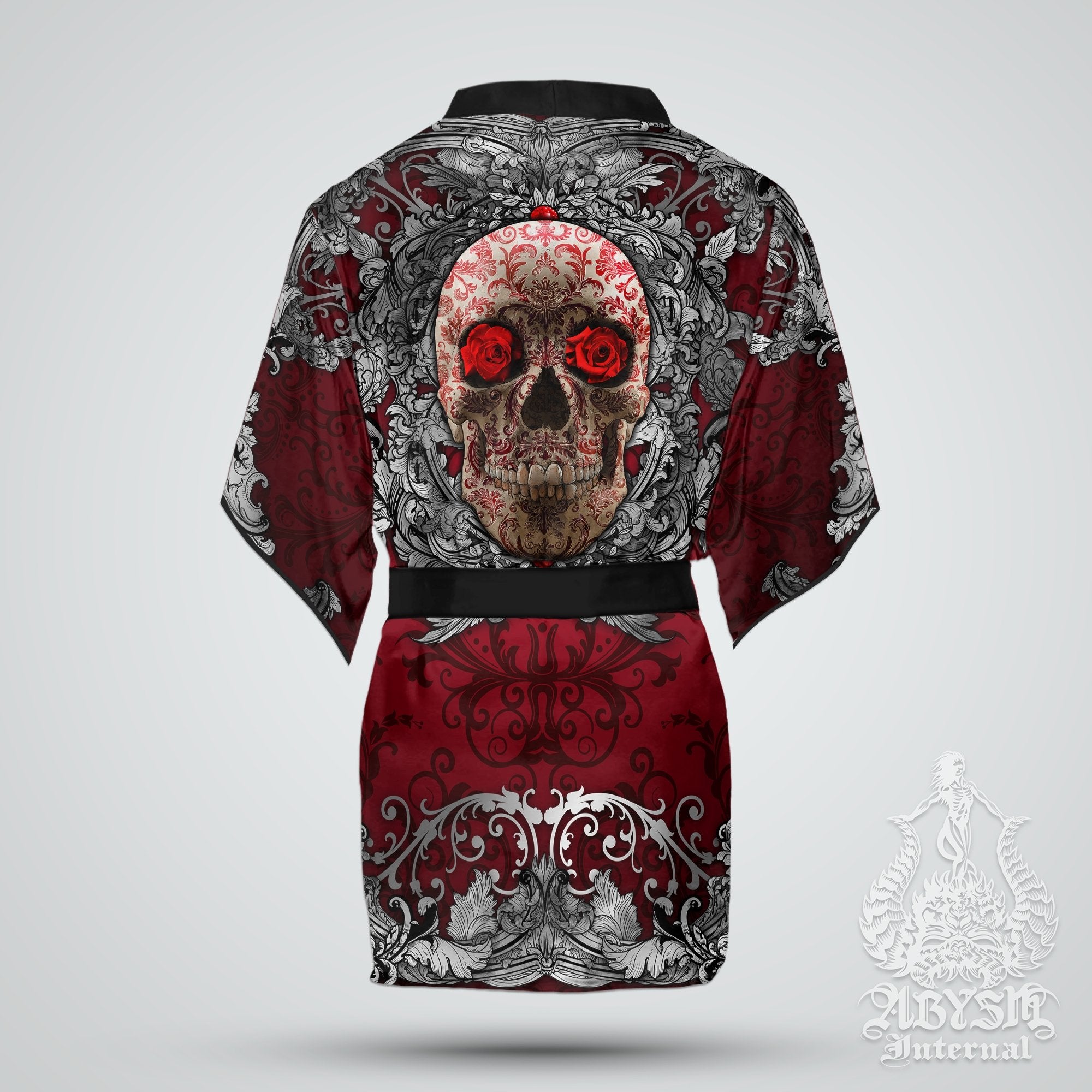 Skull Cover Up, Beach Outfit, Party Kimono, Summer Festival Robe, Gothic Indie and Alternative Clothing, Unisex - Silver Red - Abysm Internal