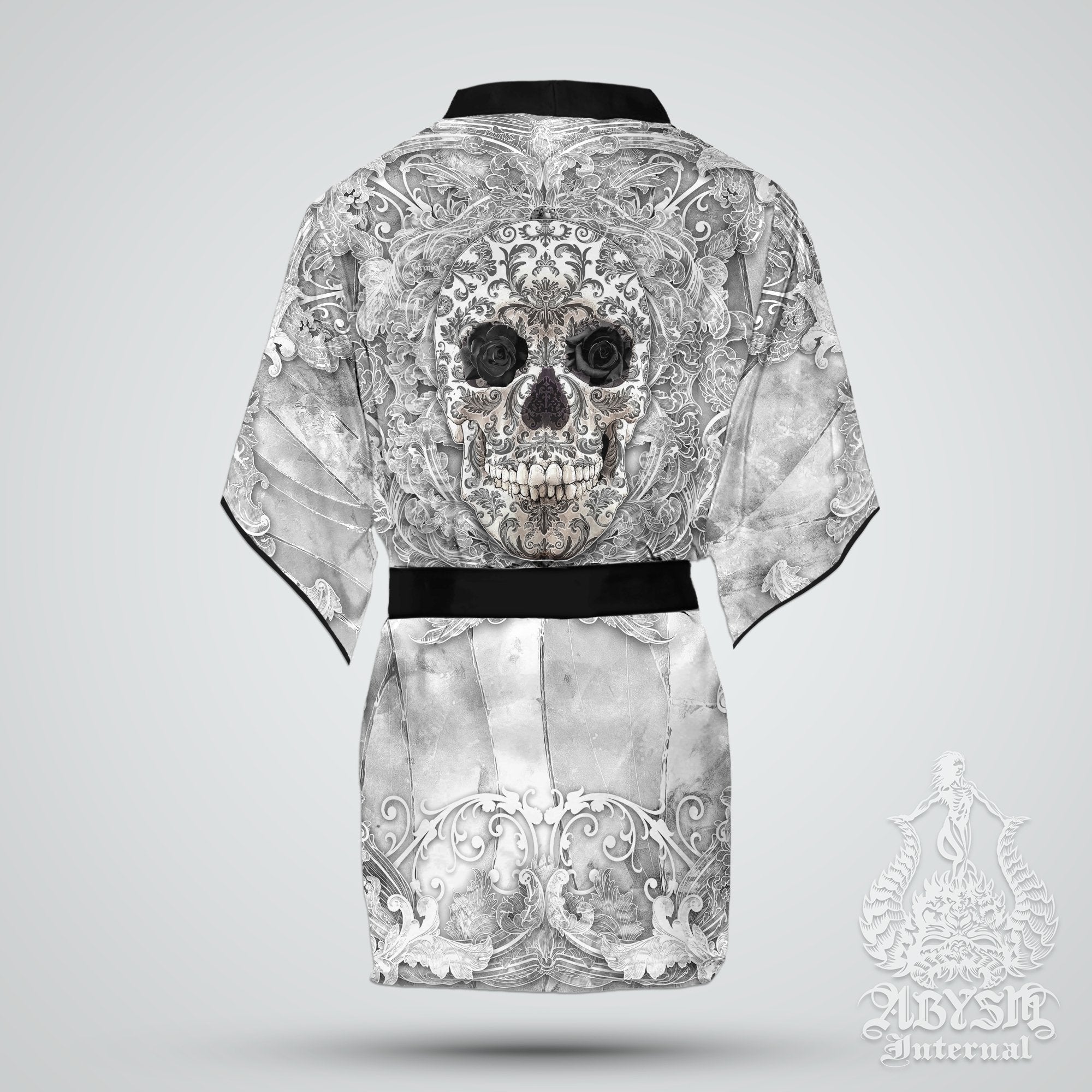 Skull Cover Up, Beach Outfit, Party Kimono, Summer Festival Robe, Gothic Indie and Alternative Clothing, Unisex - White Goth - Abysm Internal