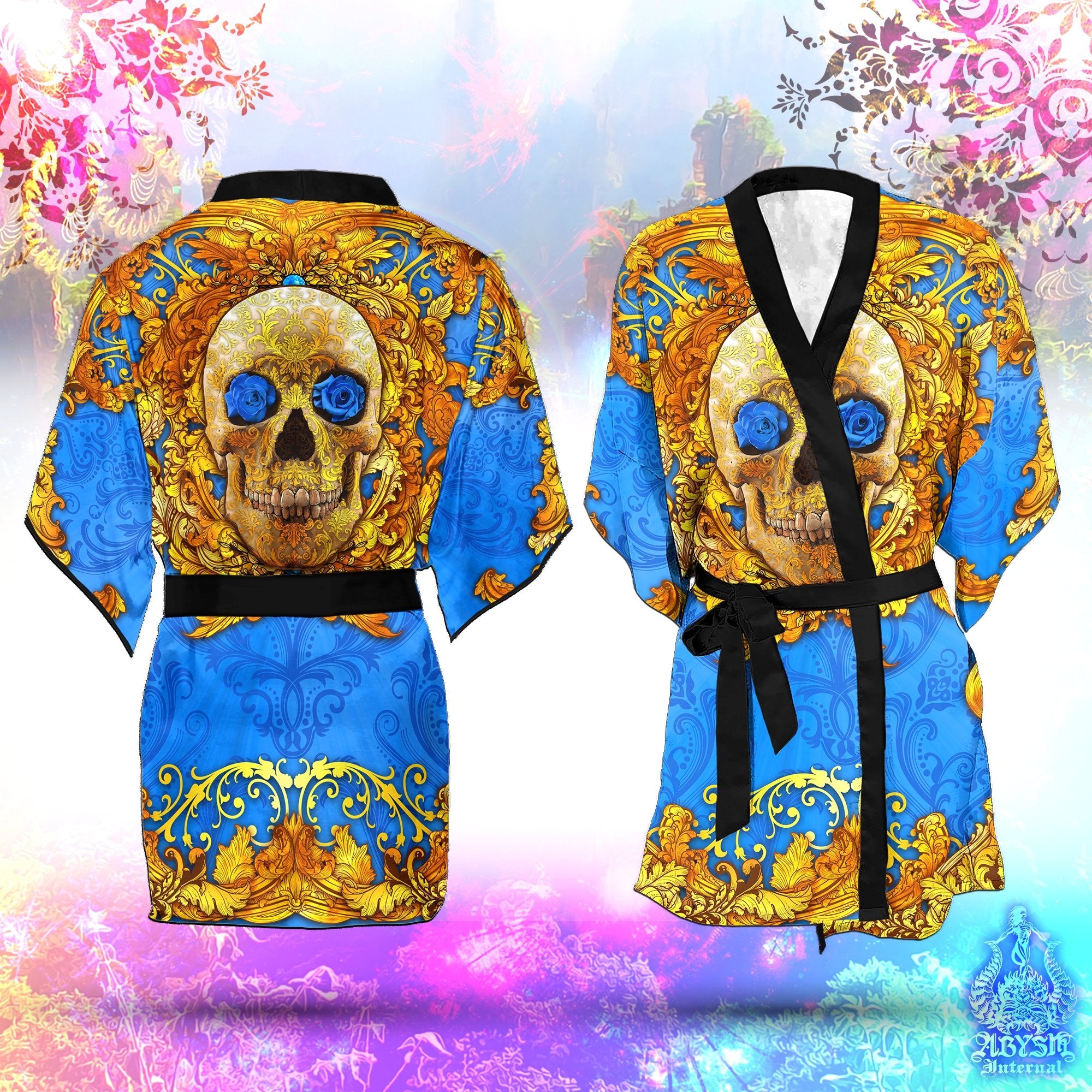 Skull Cover Up, Beach Outfit, Party Kimono, Summer Festival Robe, Indie and Alternative Clothing, Unisex - Cyan Gold - Abysm Internal
