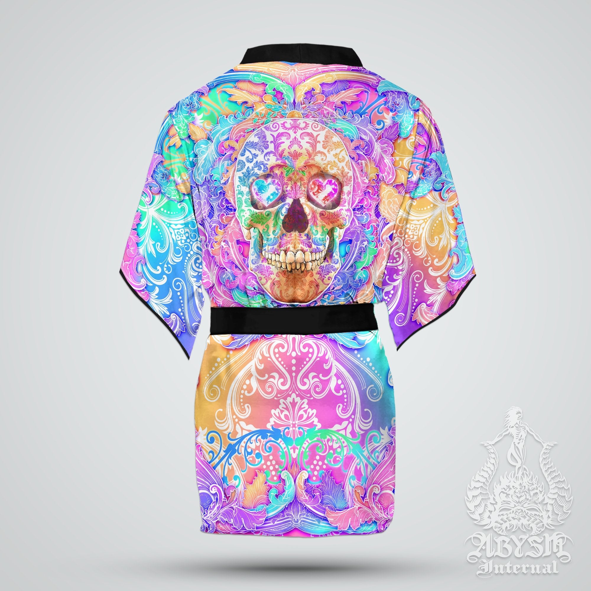Skull Cover Up, Beach Rave Outfit, Party Kimono, Boho Summer Festival Robe, Aesthetic Indie and Alternative Clothing, Unisex - Holographic Pastel - Abysm Internal