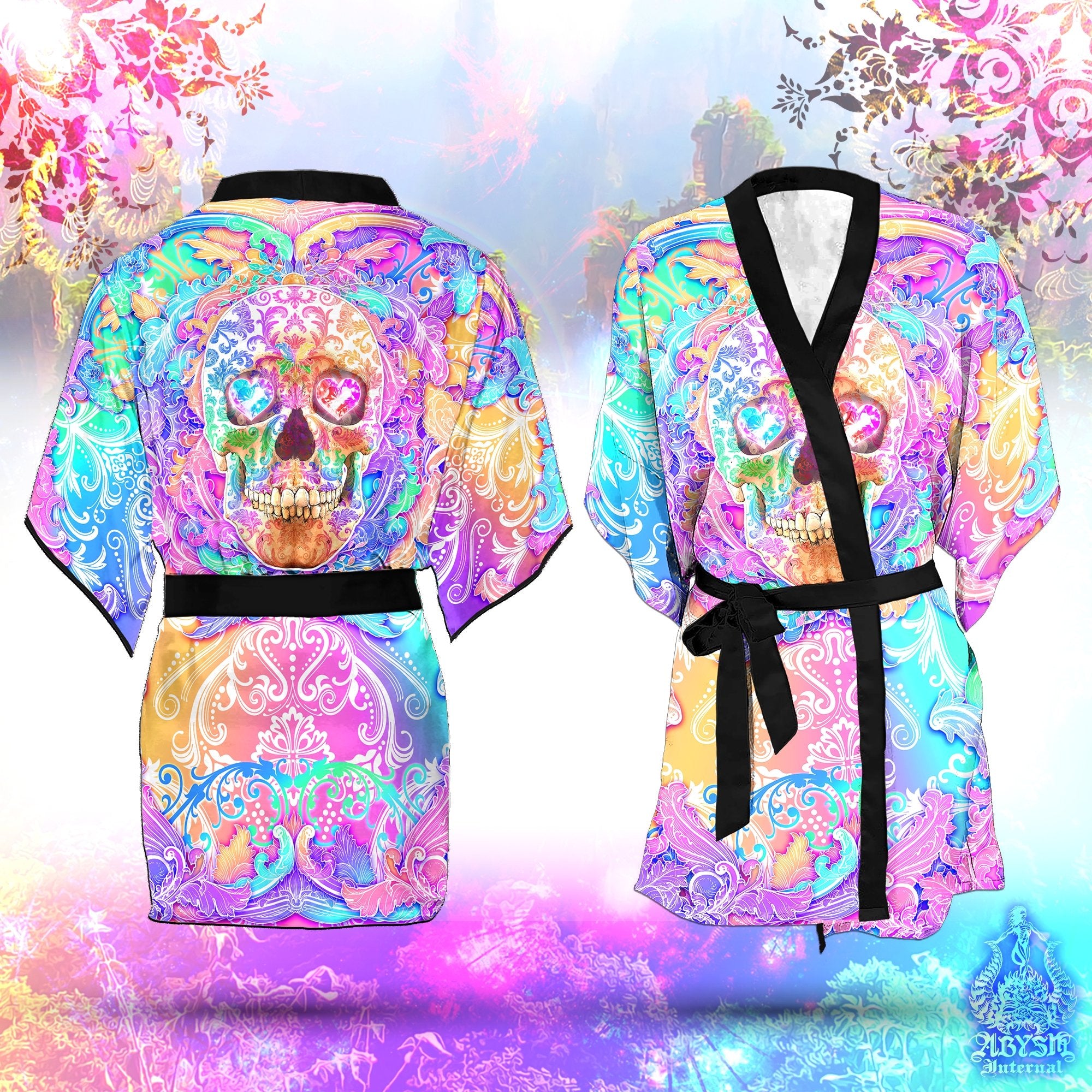Skull Cover Up, Beach Rave Outfit, Party Kimono, Boho Summer Festival Robe, Aesthetic Indie and Alternative Clothing, Unisex - Holographic Pastel - Abysm Internal