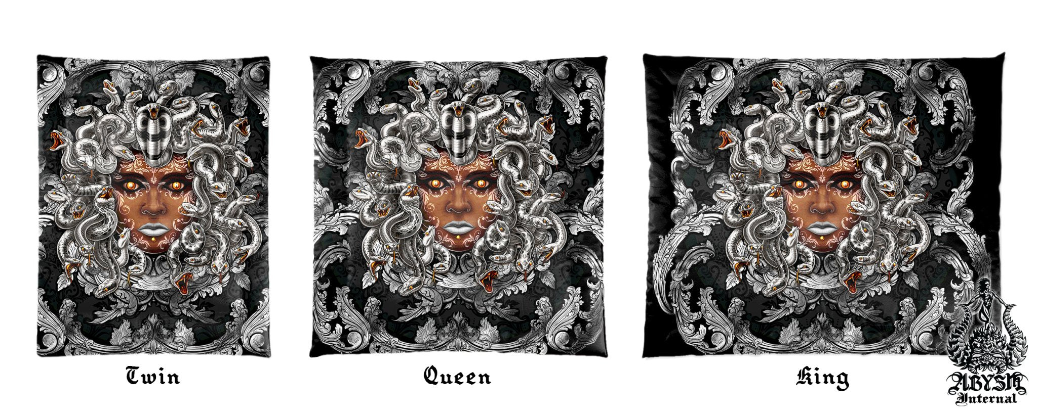 Skull Duvet Cover, Bed Covering, Skull Art, Victorian Goth Comforter, Bedroom Decor, King, Queen & Twin Bedding Set - Silver Medusa, 2 Faces - Abysm Internal