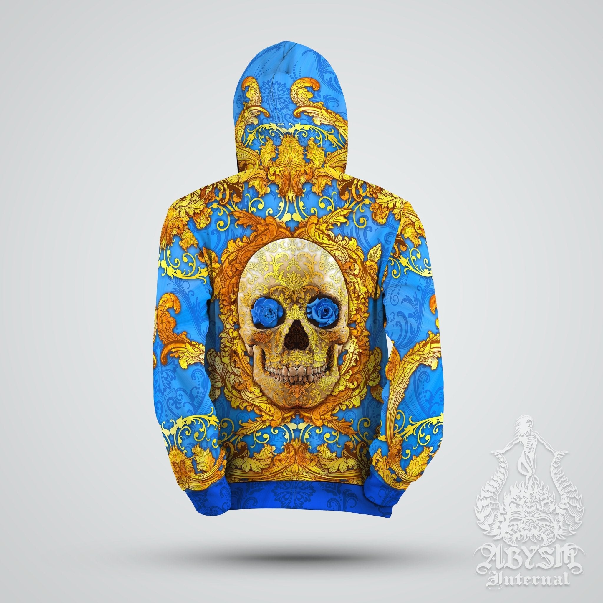 Skull Hoodie, Baroque Streetwear, Macabre, Hip Hop Unisex - Cyan and Gold - Abysm Internal