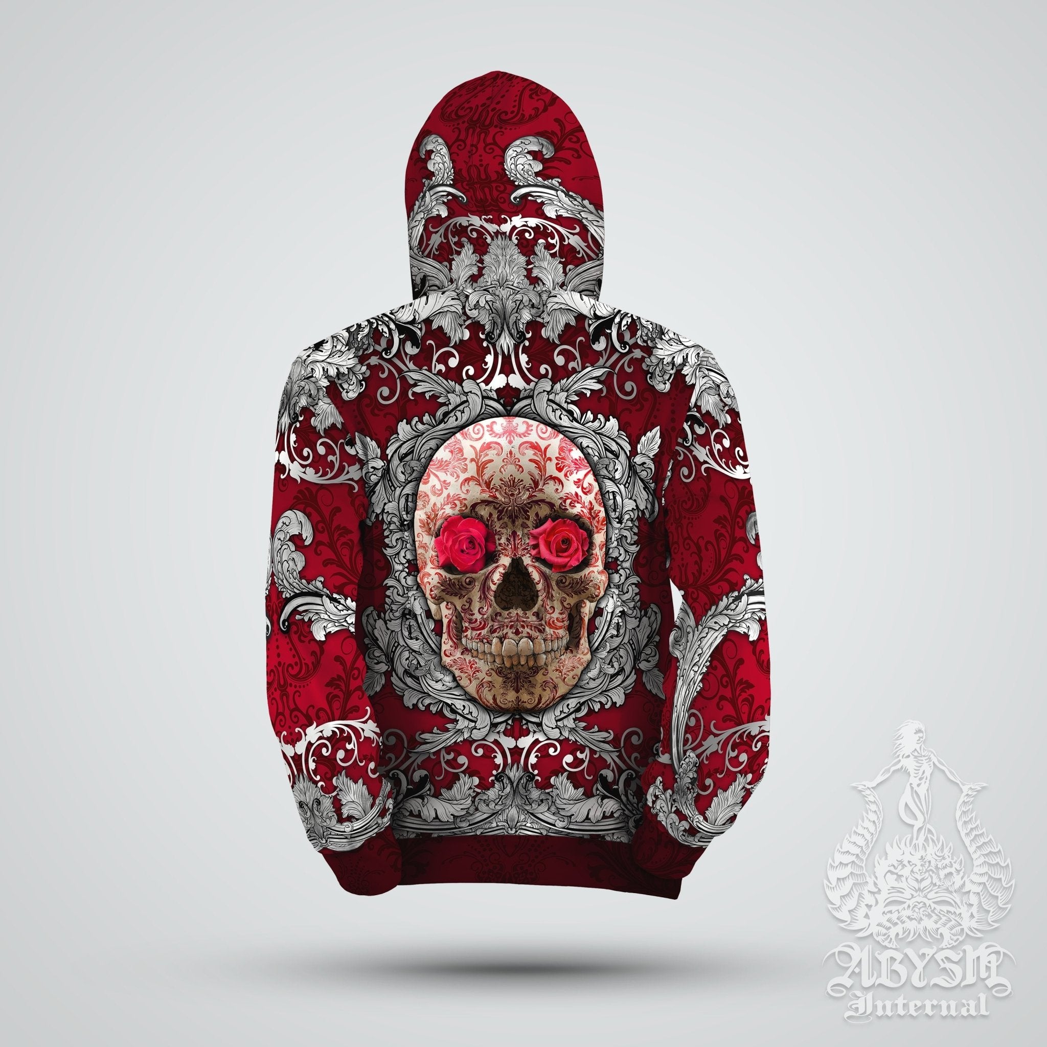 Skull Hoodie, Hip Hop Streetwear, Street Outfit, Goth Sweater, Alternative Clothing, Unisex - Silver and Red - Abysm Internal