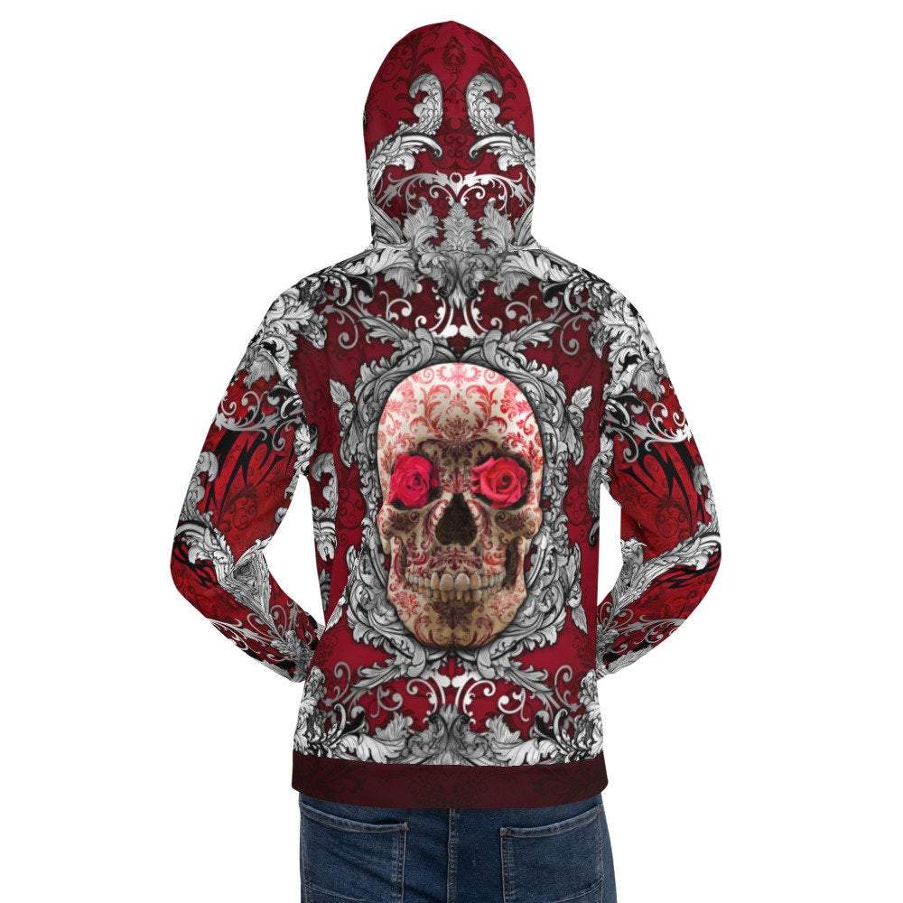 Skull Hoodie, Hip Hop Streetwear, Street Outfit, Goth Sweater, Alternative Clothing, Unisex - Silver and Red - Abysm Internal