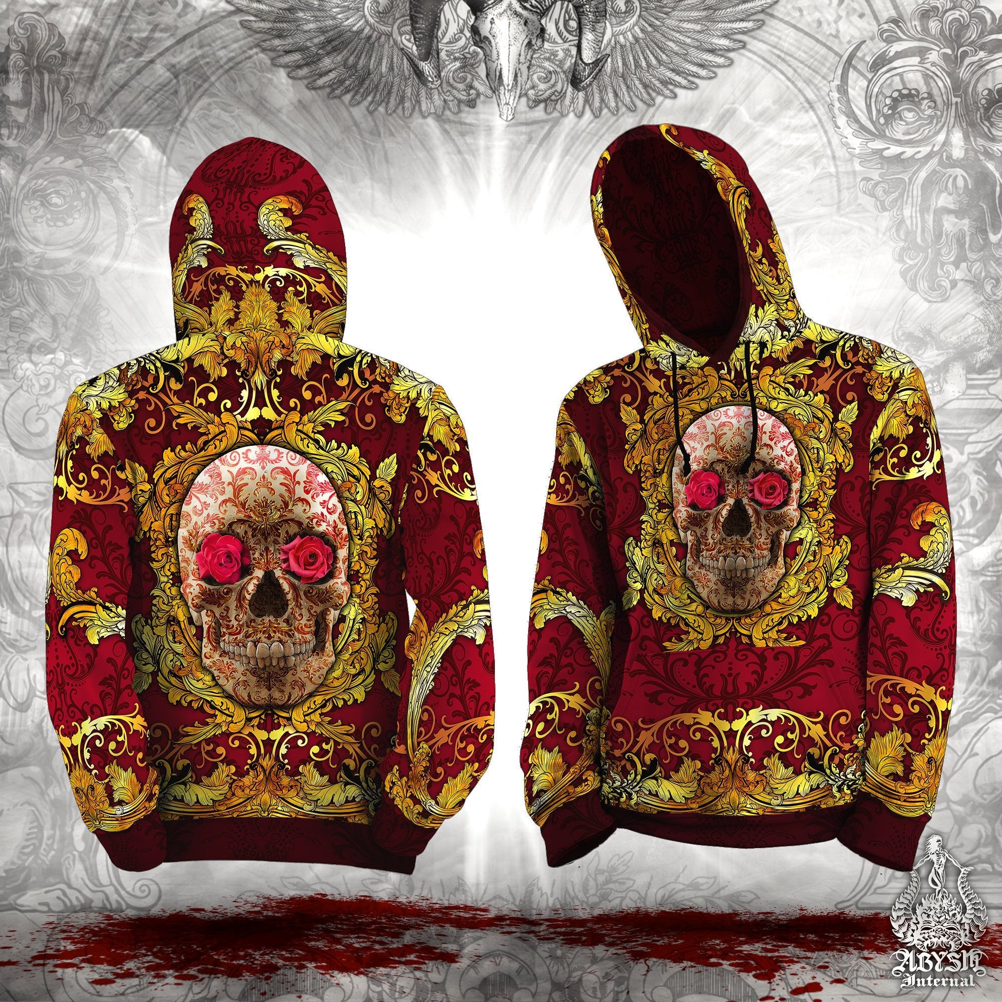 Skull Hoodie, Hip Hop Streetwear, Victorian, Graffiti Unisex - Gold and Red - Abysm Internal