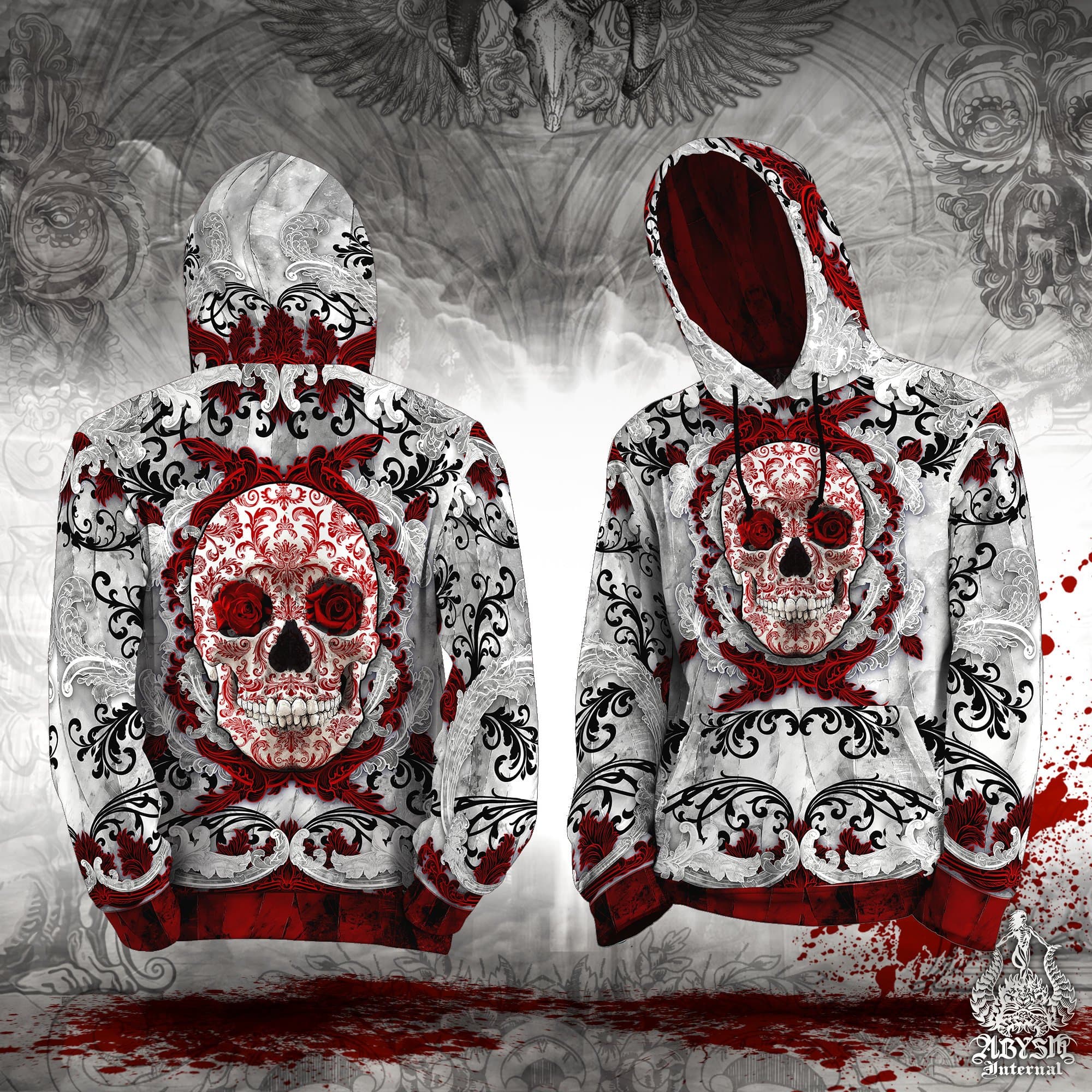 Skull Hoodie, White Goth Streetwear, Street Outfit, Gothic Sweater, Alternative Clothing, Unisex - Bloody - Abysm Internal