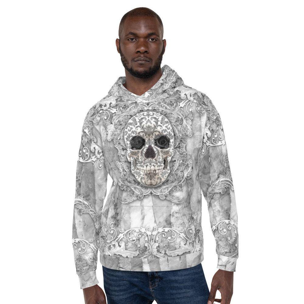 Skull Hoodie, White Goth Streetwear, Street Outfit, Gothic Sweater, Alternative Clothing, Unisex - Stone - Abysm Internal