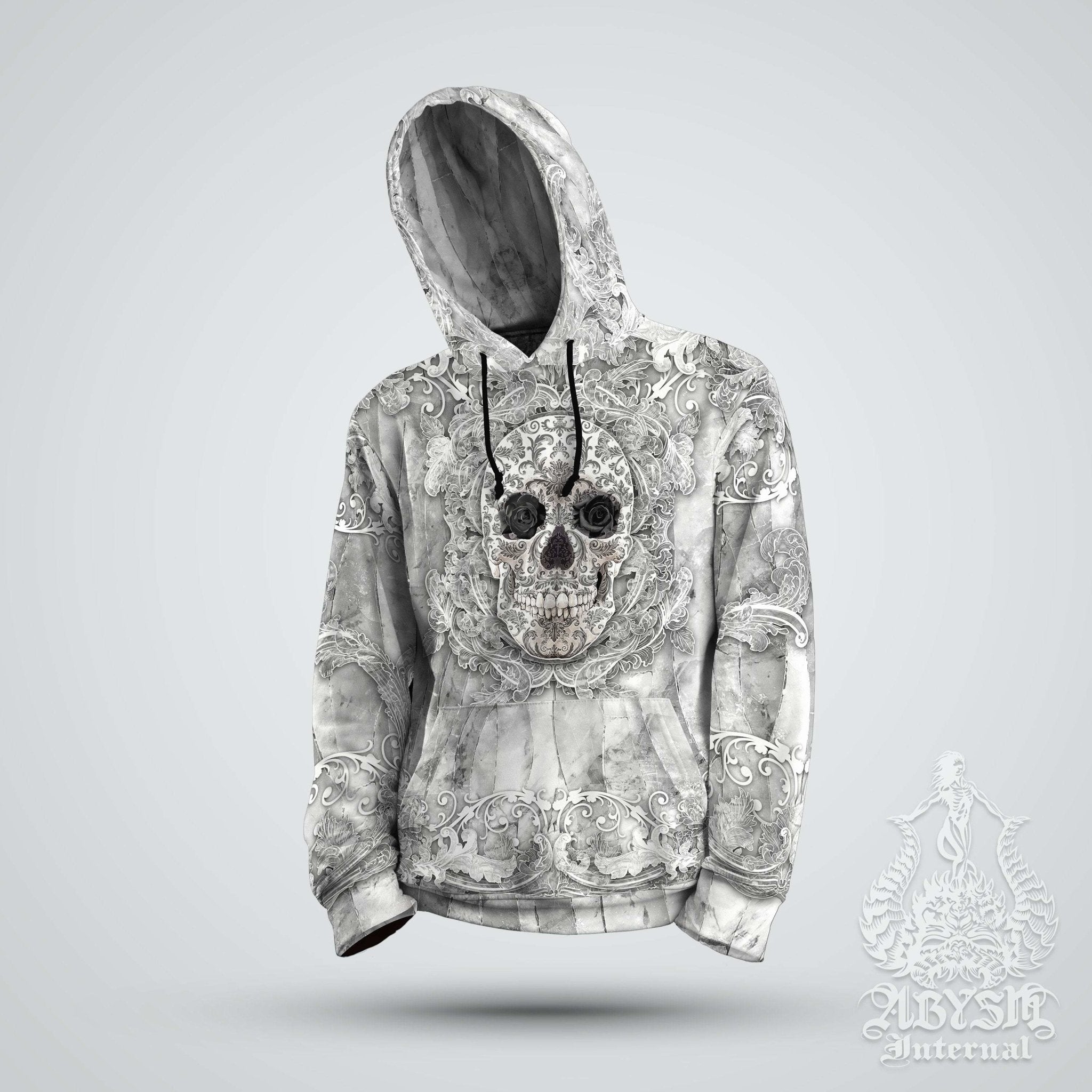Skull Hoodie, White Goth Streetwear, Street Outfit, Gothic Sweater, Alternative Clothing, Unisex - Stone - Abysm Internal