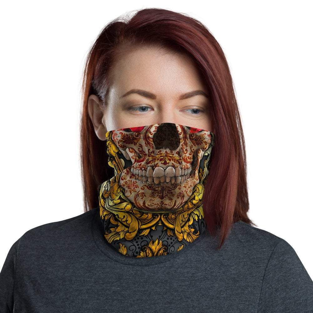 Skull Neck Gaiter, Face Mask, Head Covering, Goth Street Outfit - Gold & Red - Abysm Internal