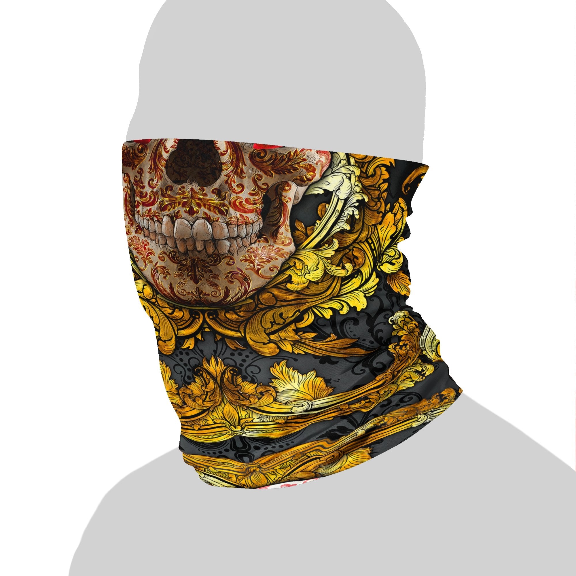 Skull Neck Gaiter, Face Mask, Head Covering, Goth Street Outfit - Gold & Red - Abysm Internal