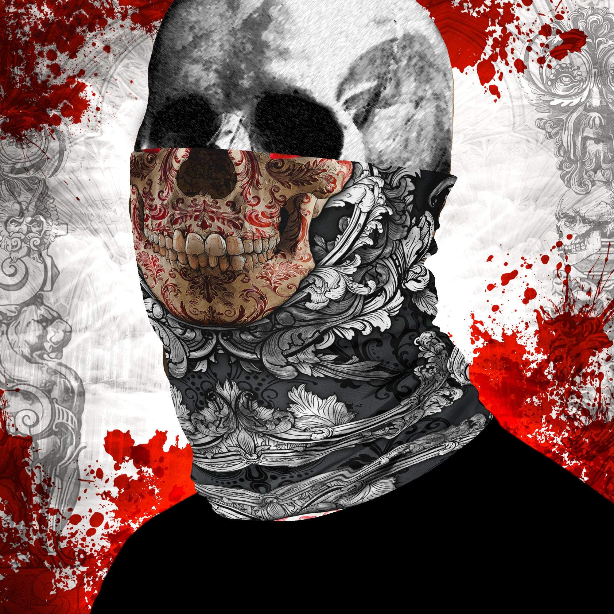 Skull Neck Gaiter, Face Mask, Head Covering, Gothic Street Outfit - Silver & Red - Abysm Internal