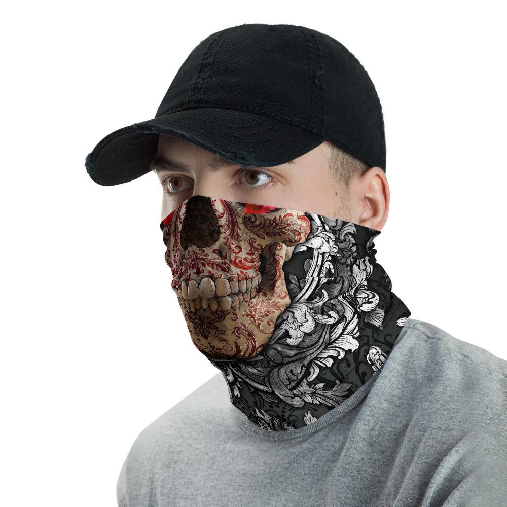 Skull Neck Gaiter, Face Mask, Head Covering, Gothic Street Outfit - Silver & Red - Abysm Internal