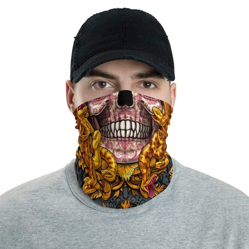 Skull Neck Gaiter, Face Mask, Head Covering, Snakes Headband, Medusa, Fantasy Outfit - Gold, 2 Face Options - Abysm Internal