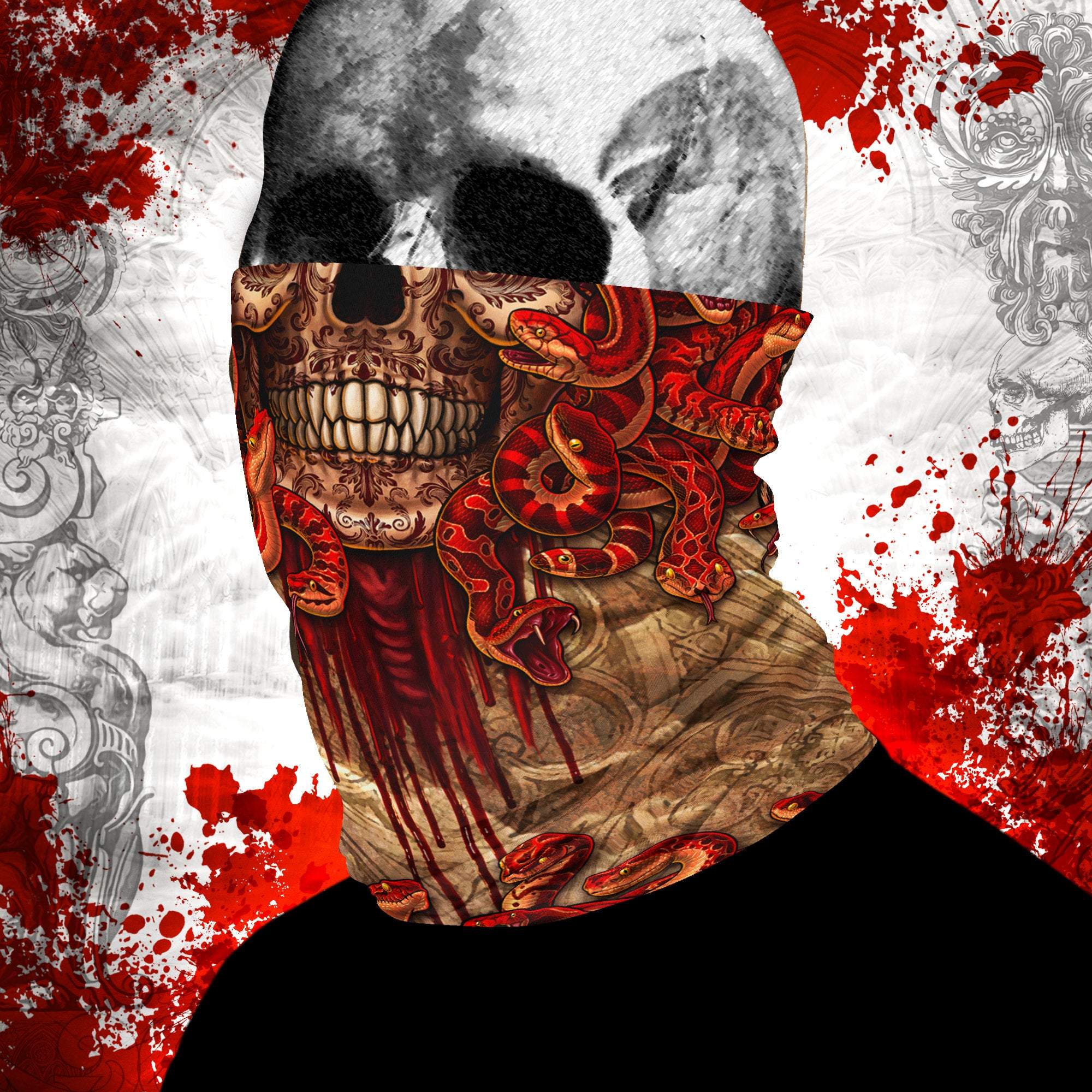 Skull Neck Gaiter, Face Mask, Head Covering, Snakes Headband, Medusa, Goth, Fantasy Outfit - Beige, 4 Face Options - Abysm Internal