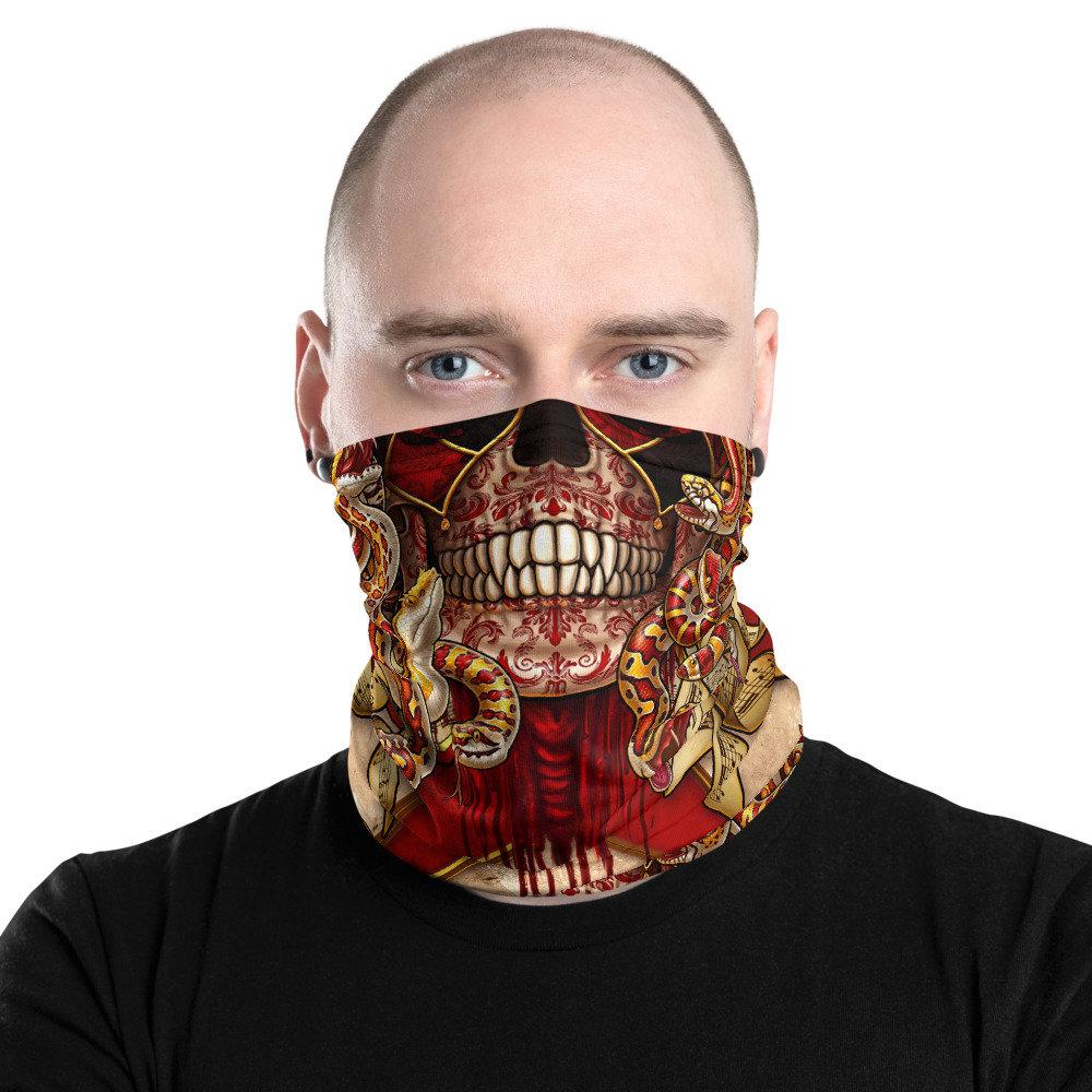 Skull Neck Gaiter, Face Mask, Head Covering, Snakes Headband, Medusa, Goth, Fantasy Outfit - Red Harlequin, 4 Face Options - Abysm Internal