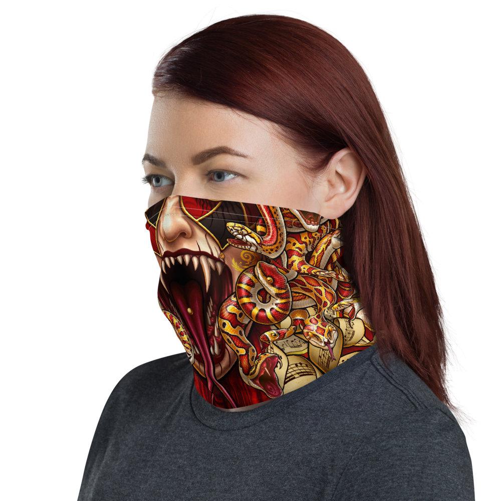Skull Neck Gaiter, Face Mask, Head Covering, Snakes Headband, Medusa, Goth, Fantasy Outfit - Red Harlequin, 4 Face Options - Abysm Internal