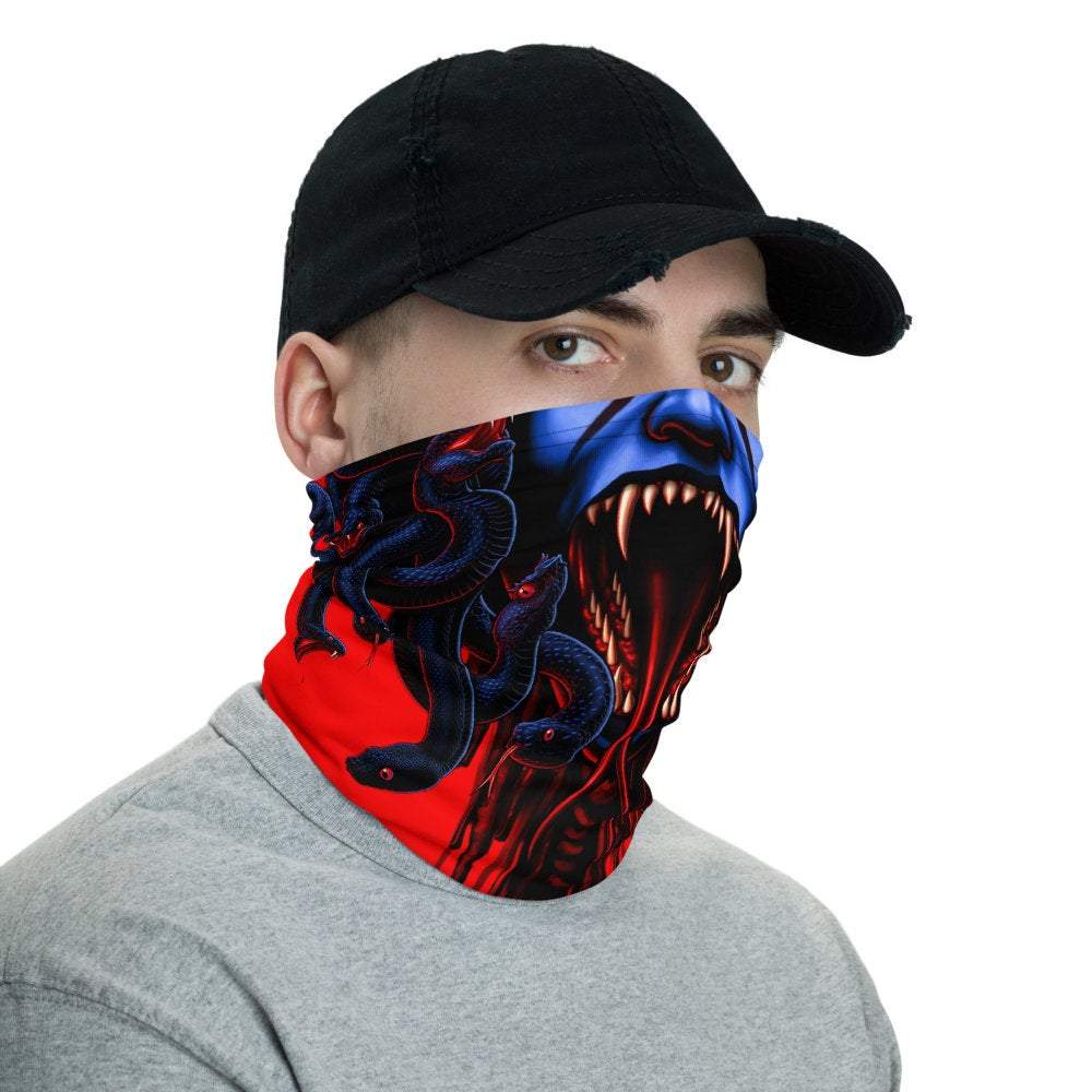 Skull Neck Gaiter, Face Mask, Head Covering, Snakes Headband, Medusa, Halloween, Fantasy Outfit - Neon Gothic, 3 Face Options - Abysm Internal