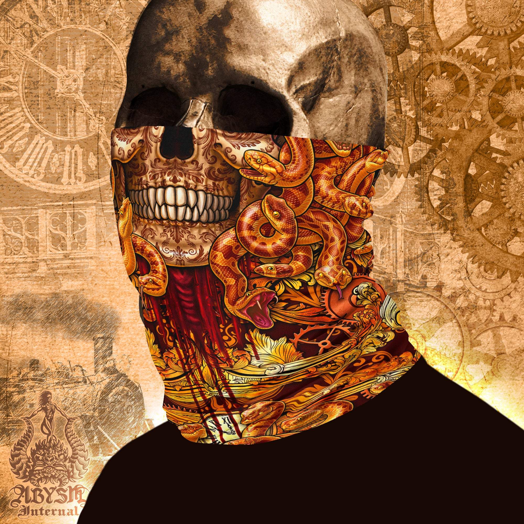 Skull Neck Gaiter, Face Mask, Head Covering, Snakes Headband, Medusa, Steampunk, Fantasy Outfit - 3 Face Options - Abysm Internal