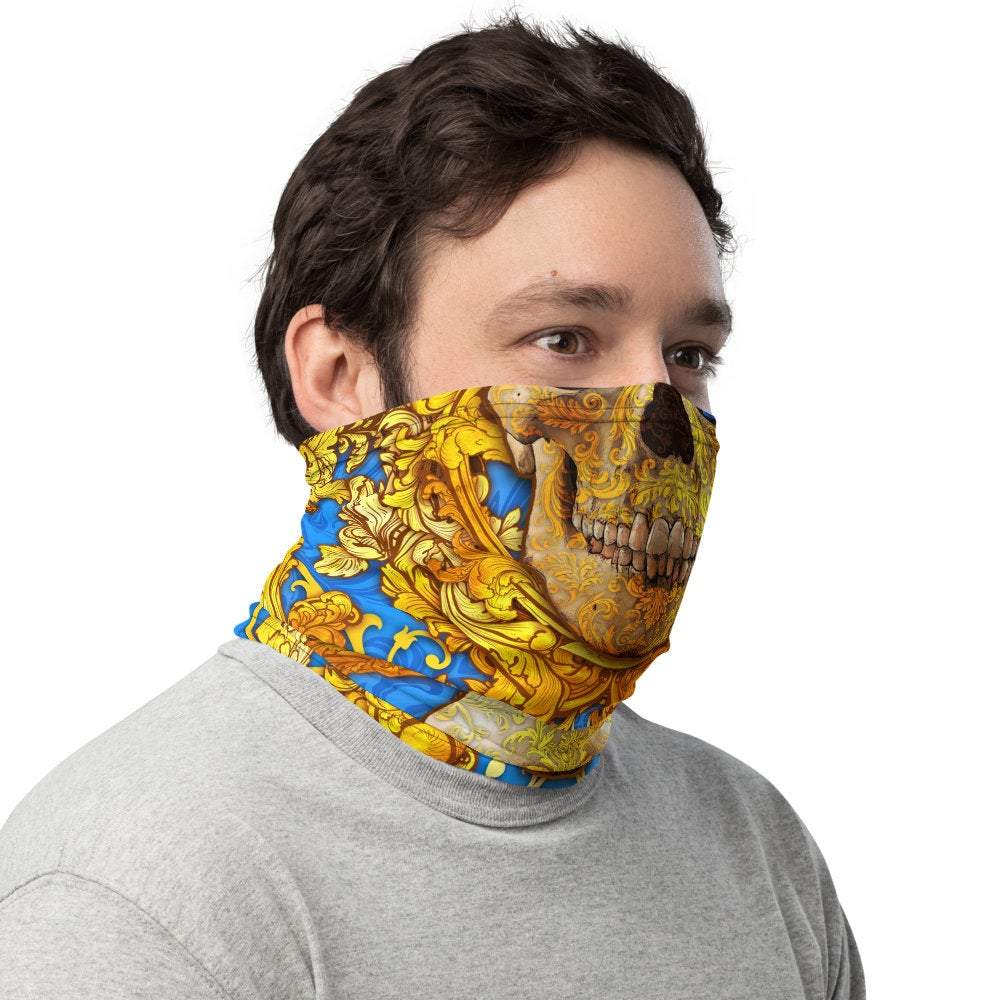 Skull Neck Gaiter, Face Mask, Head Covering, Victorian - Cyan & Gold - Abysm Internal