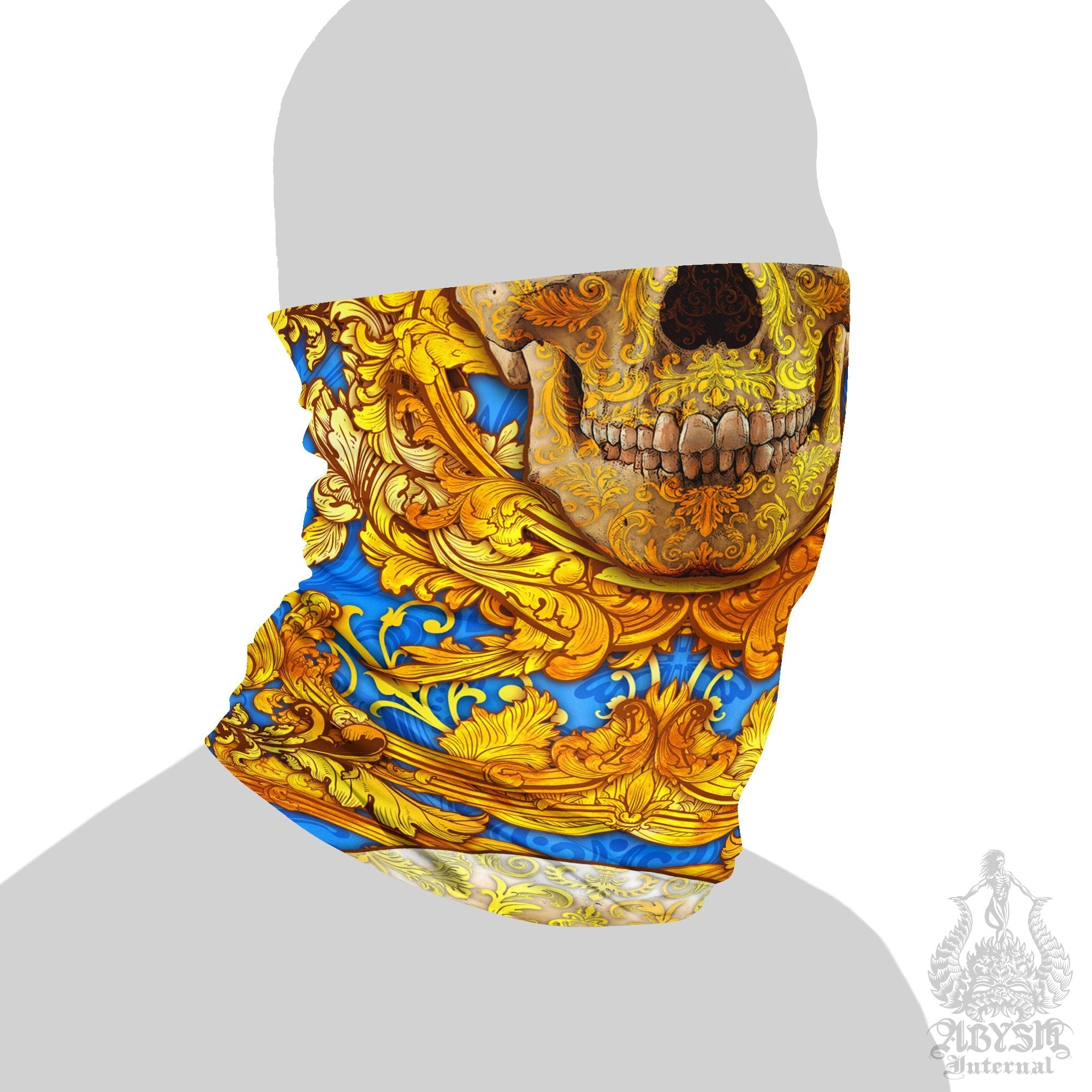Skull Neck Gaiter, Face Mask, Head Covering, Victorian - Cyan & Gold - Abysm Internal
