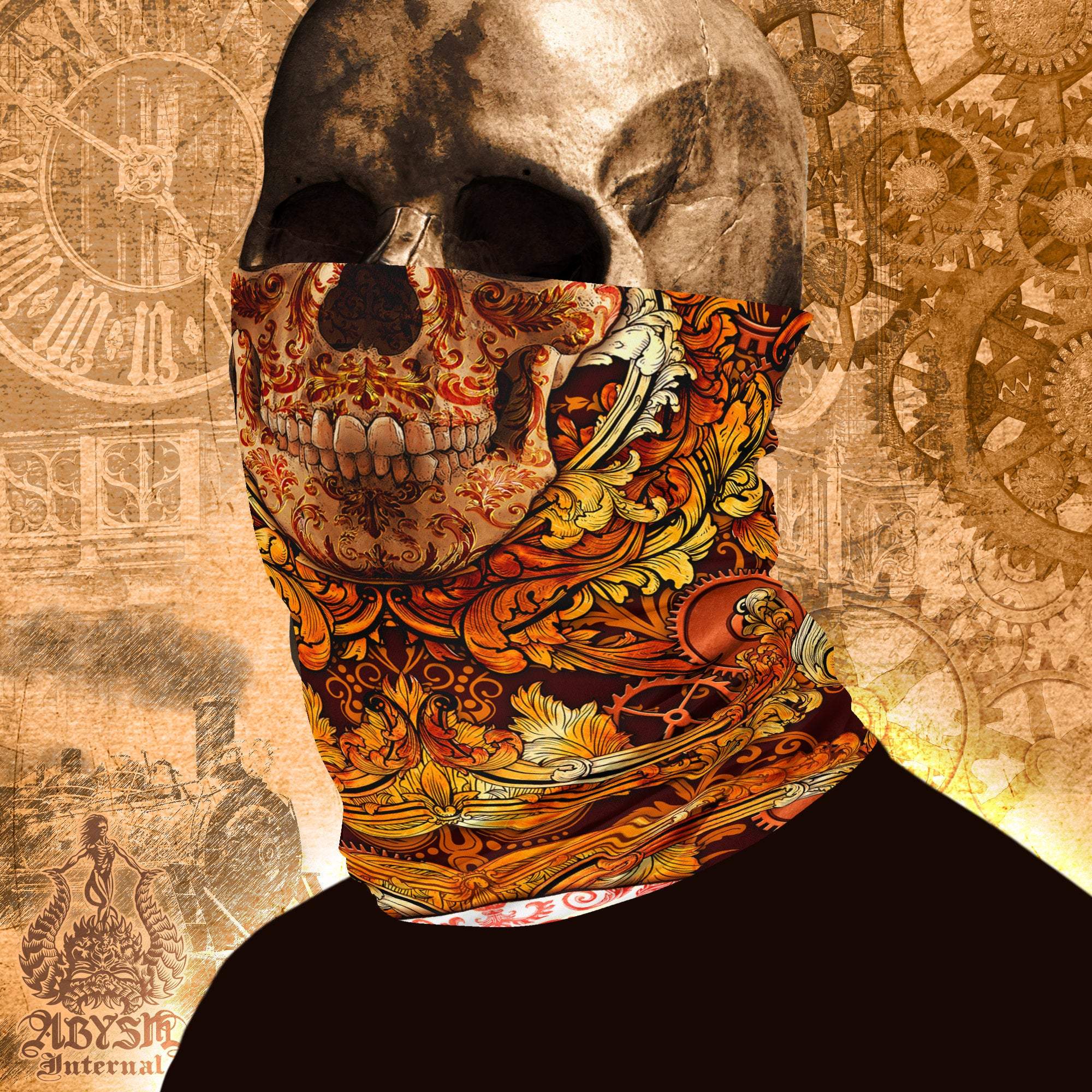 Skull Neck Gaiter, Face Mask, Head Covering, Victorian Goth Street Outfit - Steampunk - Abysm Internal