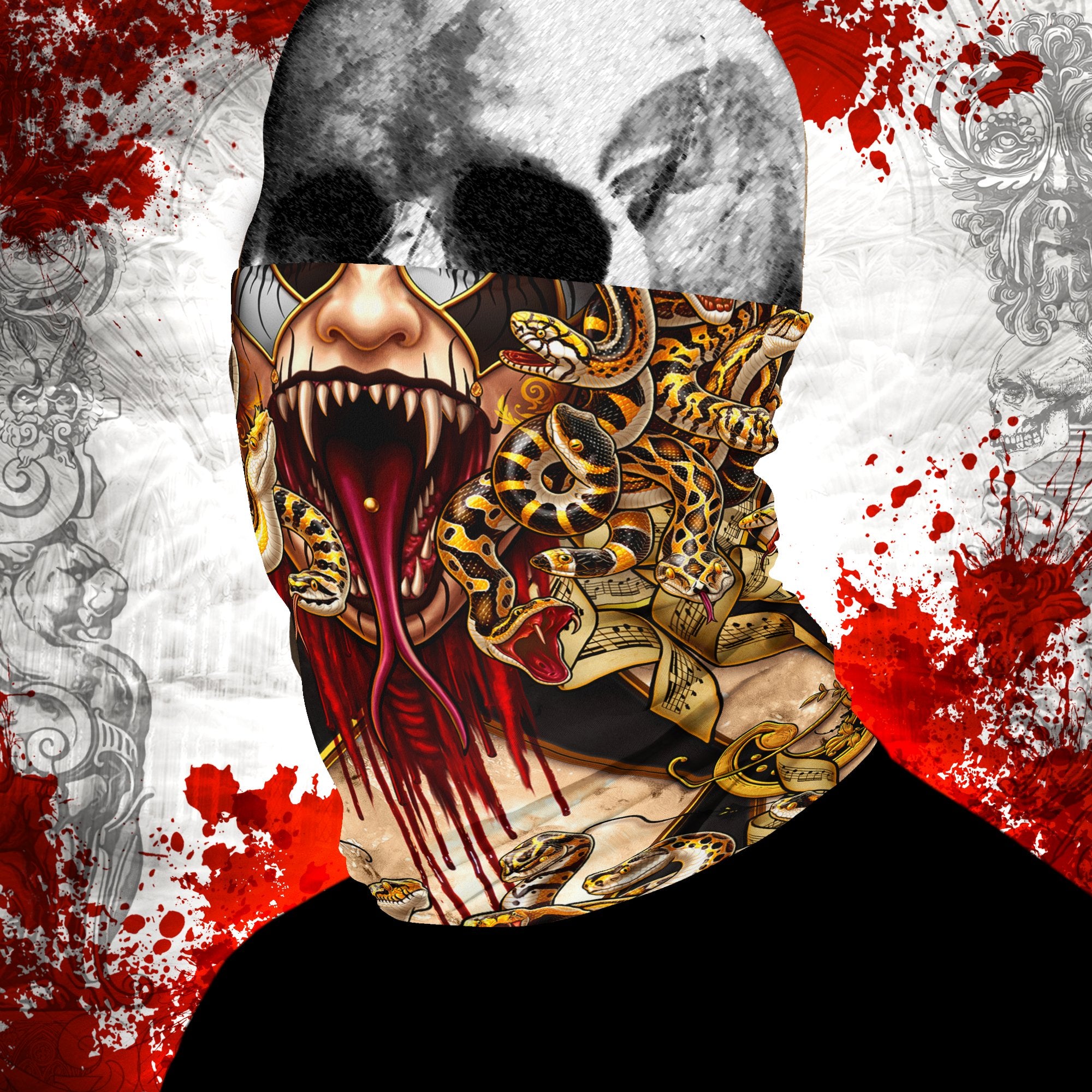 Skull Neck Gaiter, Face Mask, Printed Head Covering, Snakes Headband, Medusa, Fantasy Outfit - Harlequin, 4 Face Options, 7 Colors - Abysm Internal