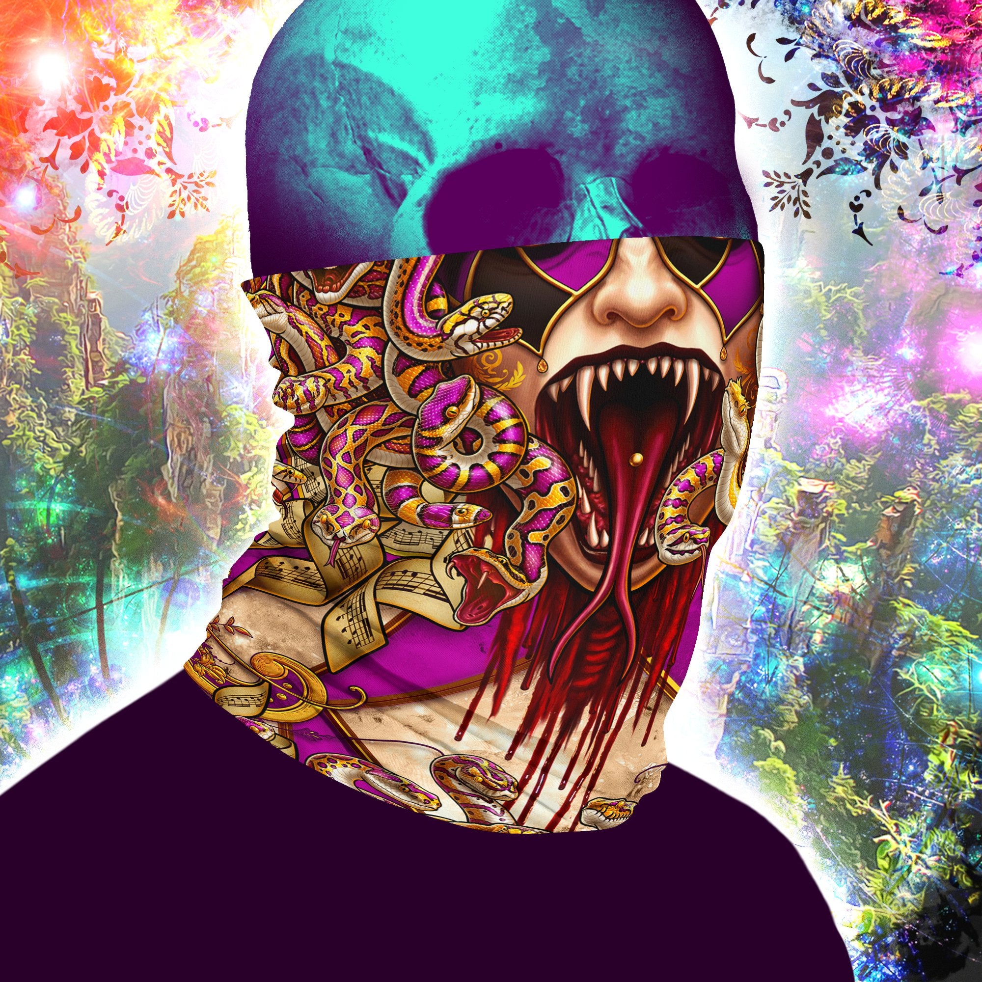 Skull Neck Gaiter, Face Mask, Printed Head Covering, Snakes Headband, Medusa, Fantasy Outfit - Harlequin, 4 Face Options, 7 Colors - Abysm Internal