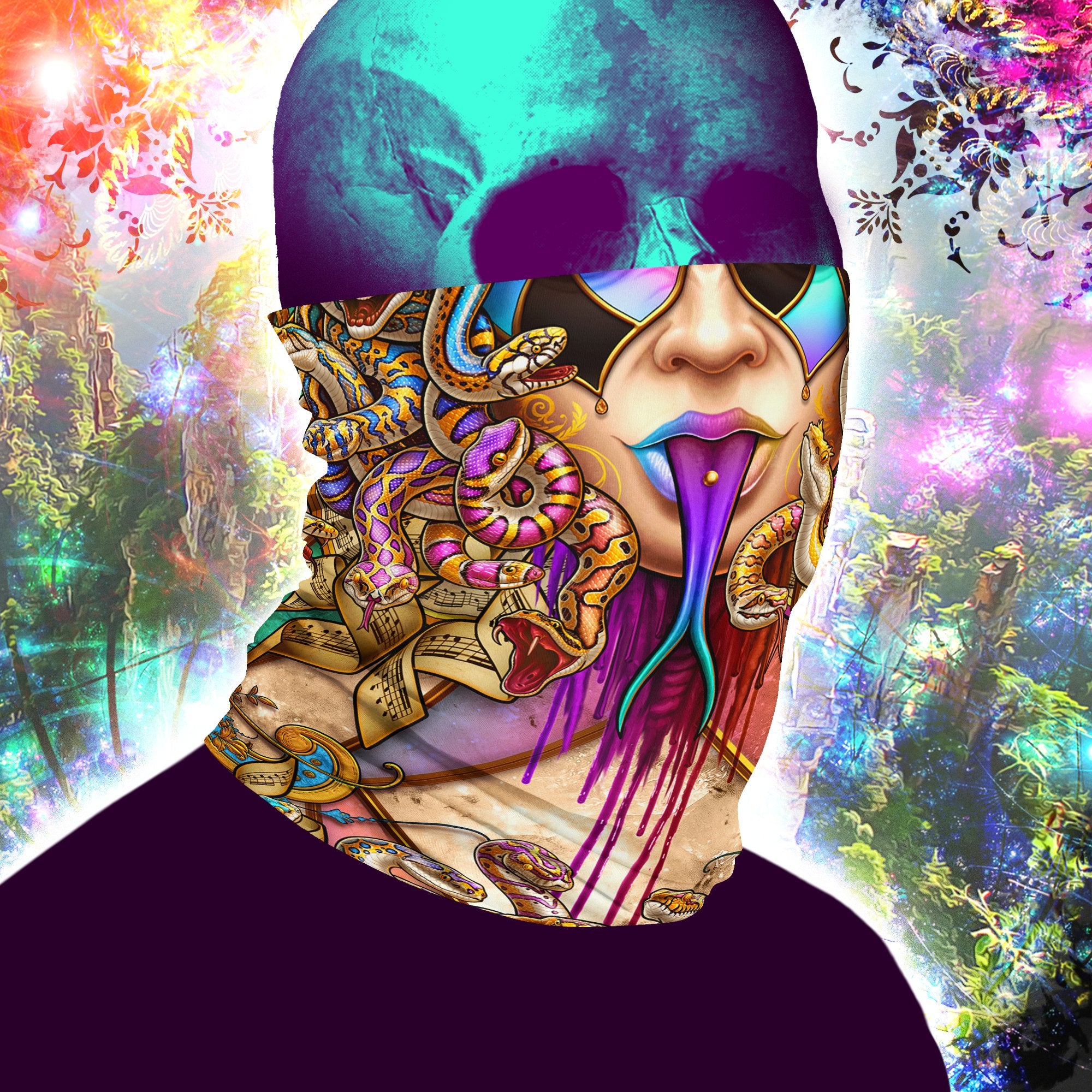 Skull Neck Gaiter, Face Mask, Printed Head Covering, Snakes Headband, Medusa, Fantasy Outfit - Harlequin, 4 Face Options, 7 Colors - Abysm Internal
