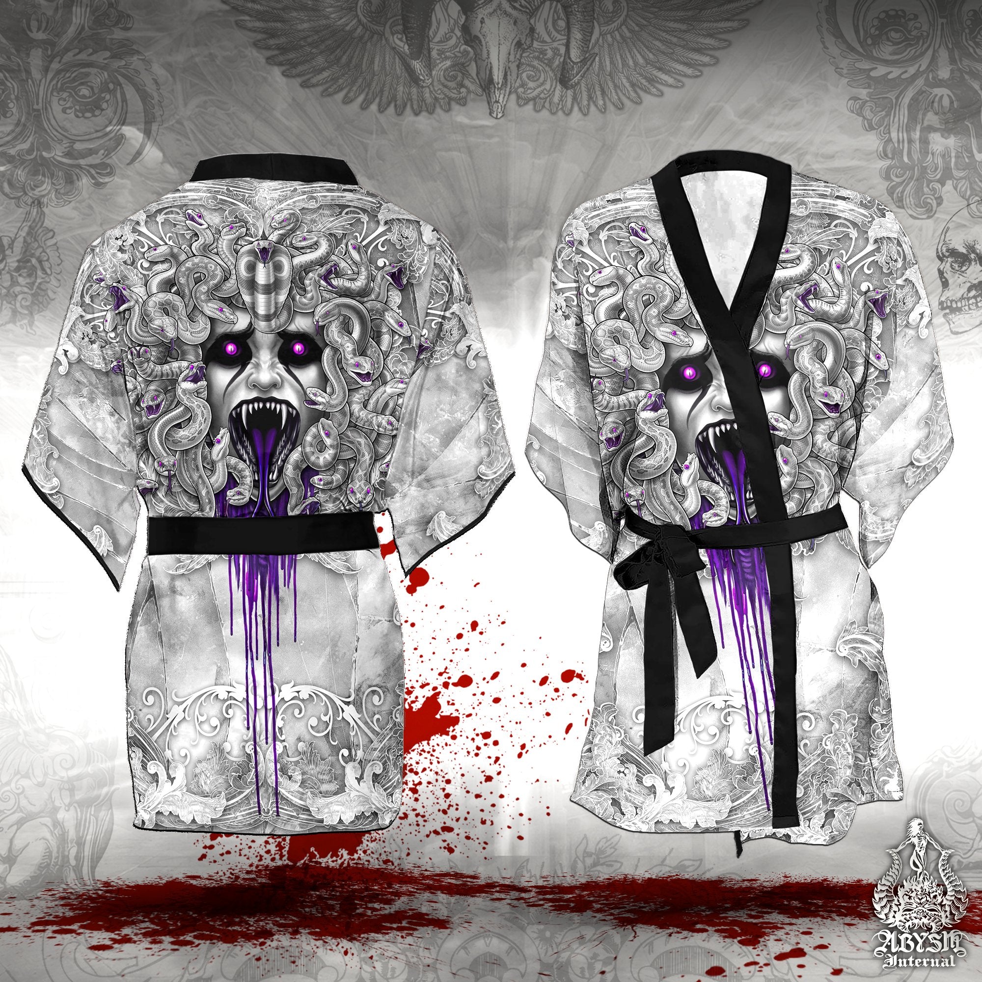 Skull Short Kimono Robe, Beach Party Outfit, Medusa Coverup, Summer Festival, Indie and Alternative Clothing, Unisex - White Goth Purple, 2 Faces - Abysm Internal