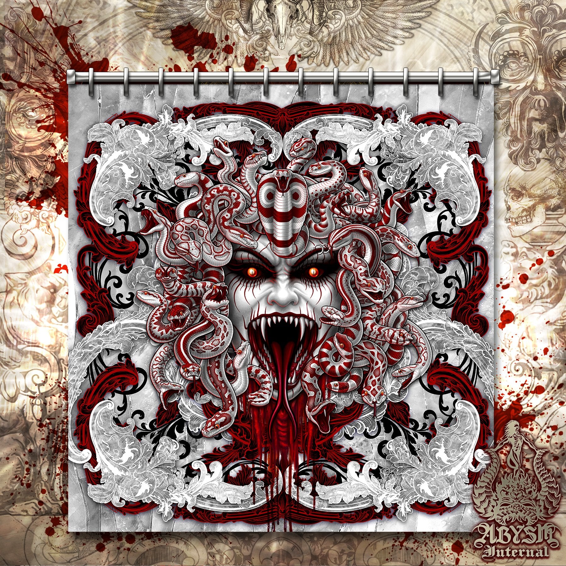 Skull Shower Curtain, 71x74 inches, Gothic Bathroom Decor, White Goth - Bloody Red Medusa, 4 Faces - Abysm Internal