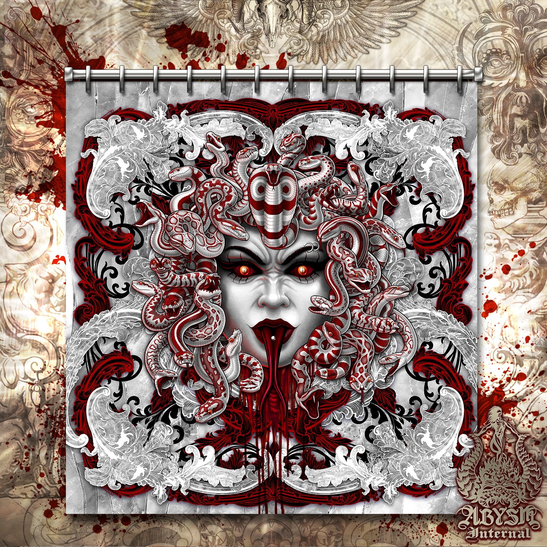 Skull Shower Curtain, 71x74 inches, Gothic Bathroom Decor, White Goth - Bloody Red Medusa, 4 Faces - Abysm Internal
