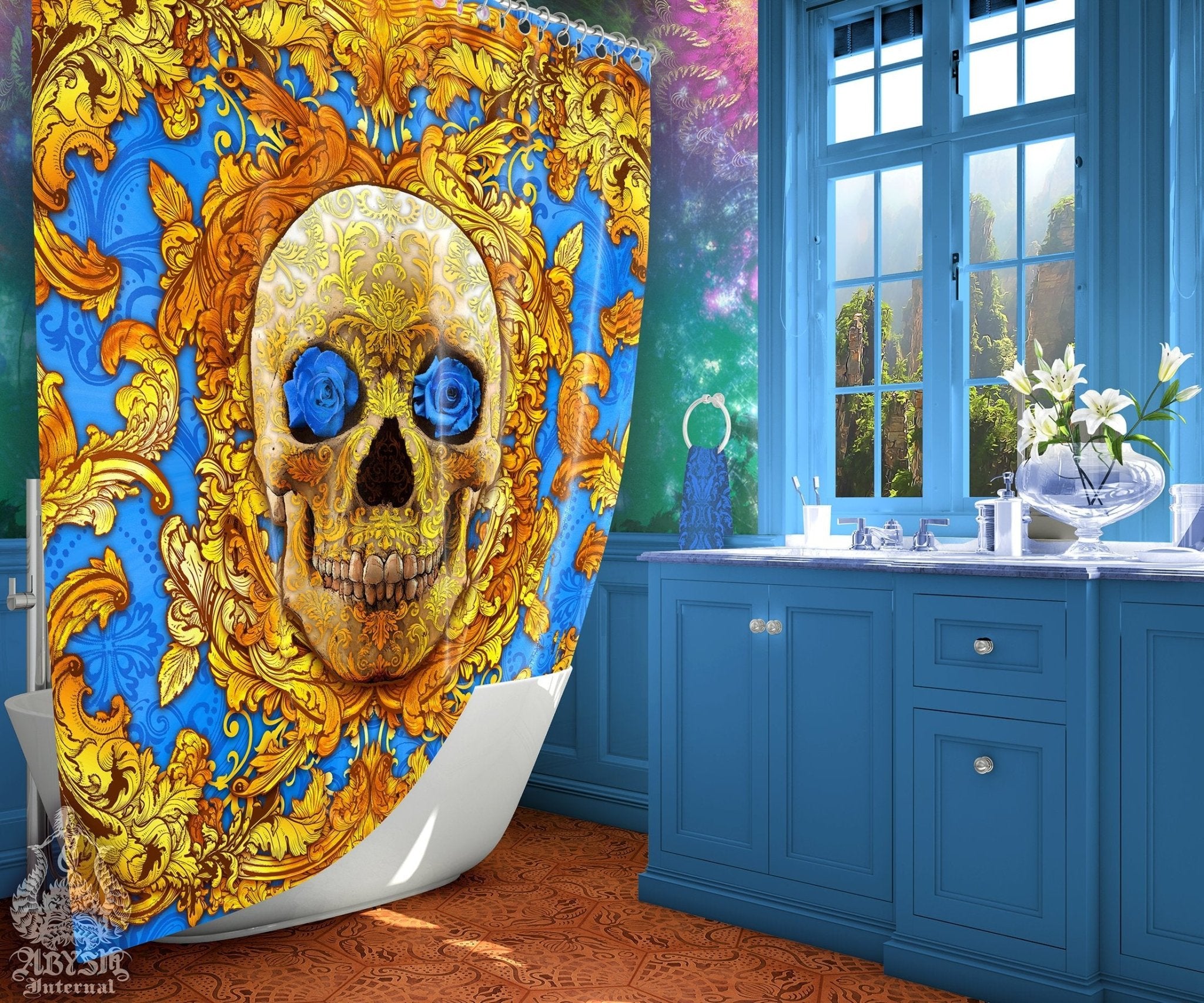 Skull Shower Curtain, Baroque Bathroom Decor, Victorian, Vintage Ornaments, Eclectic and Funky Home - Cyan - Abysm Internal