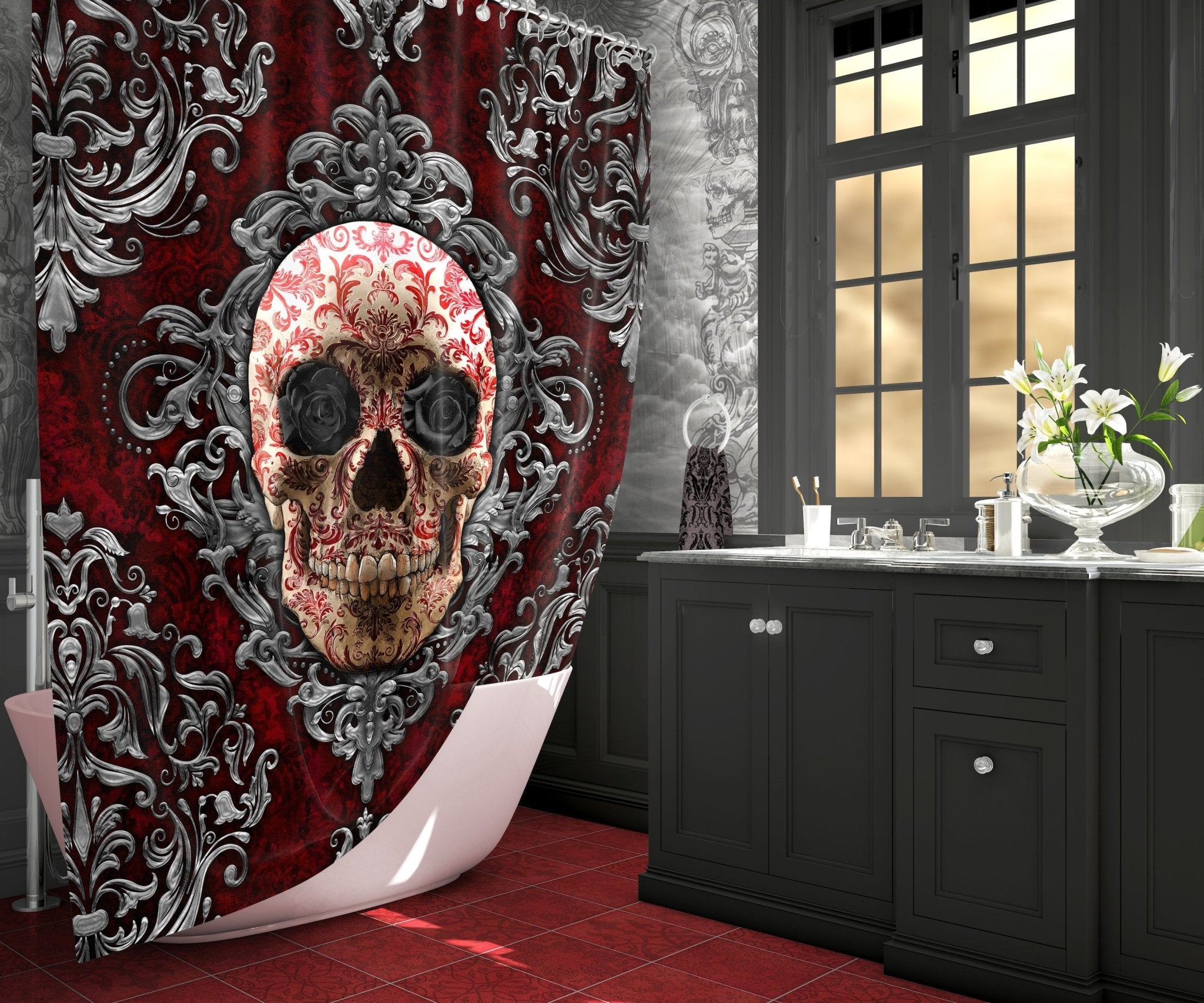 Skull Shower Curtain, Gothic Bathroom Decor, Macabre Art - Abysm Internal