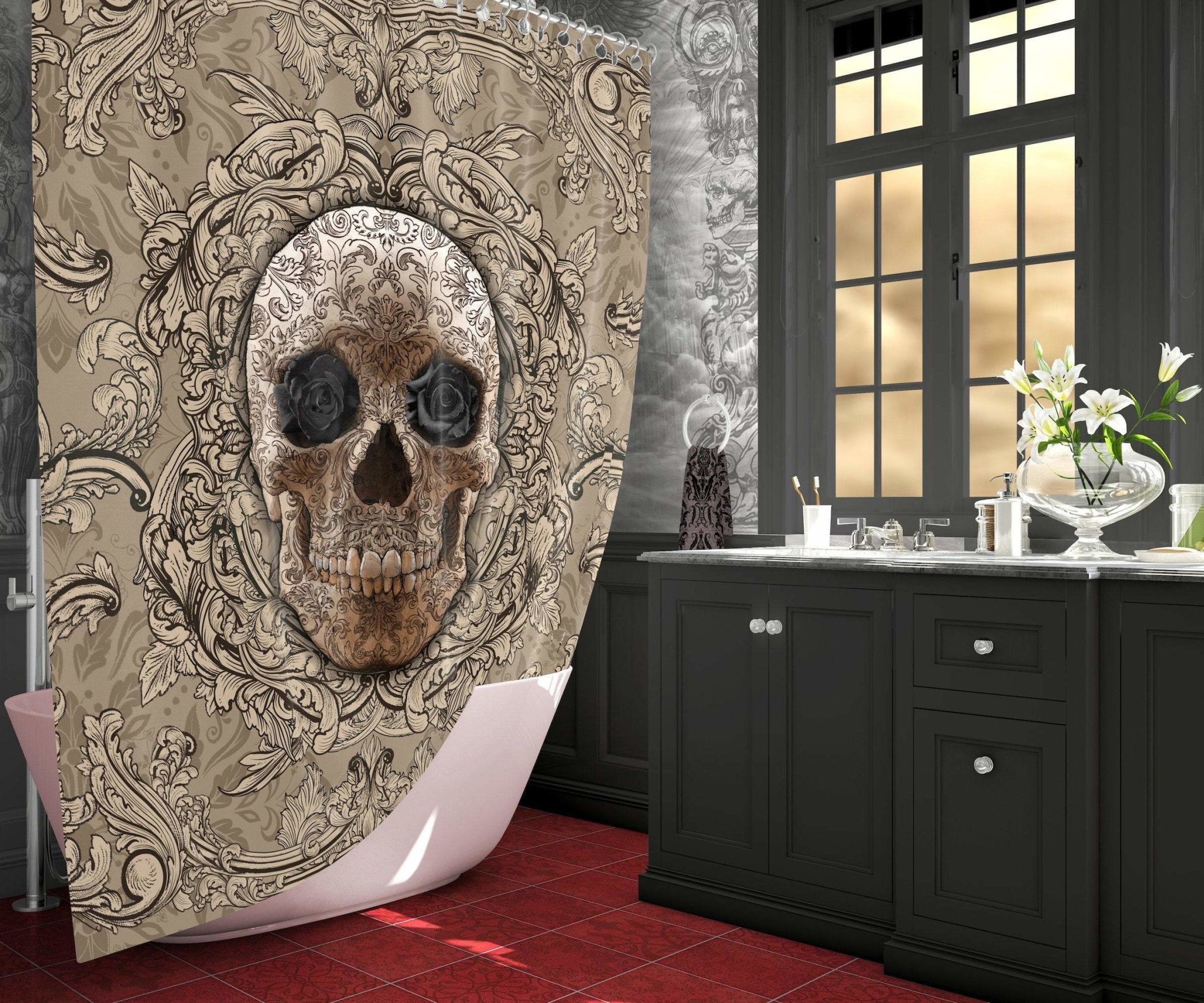 Skull Shower Curtain, Gothic Bathroom Decor, Macabre Art, Eclectic and Funky Home - Cream - Abysm Internal