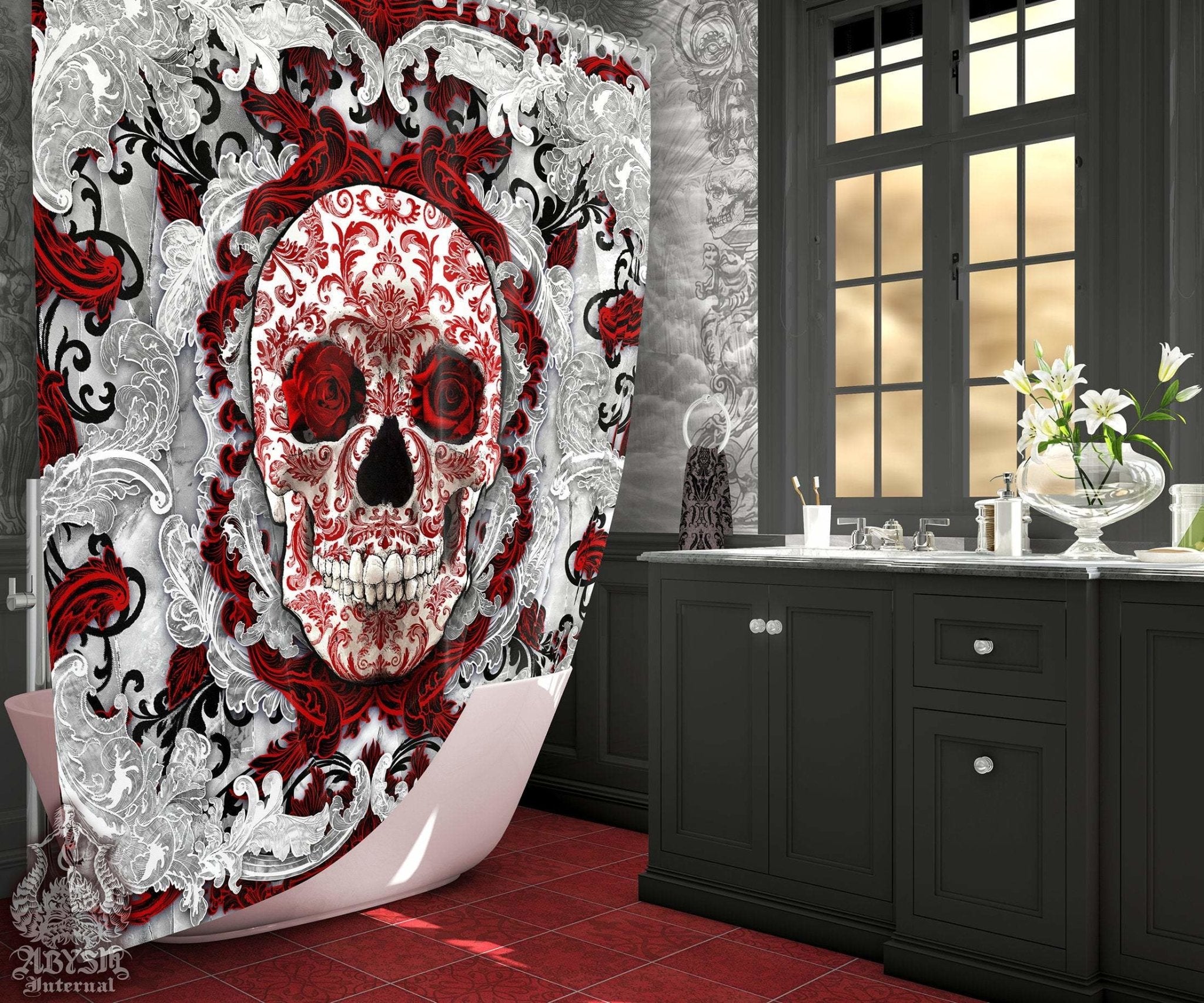 Skull Shower Curtain, Gothic Bathroom Decor, White Goth - Bloody - Abysm Internal