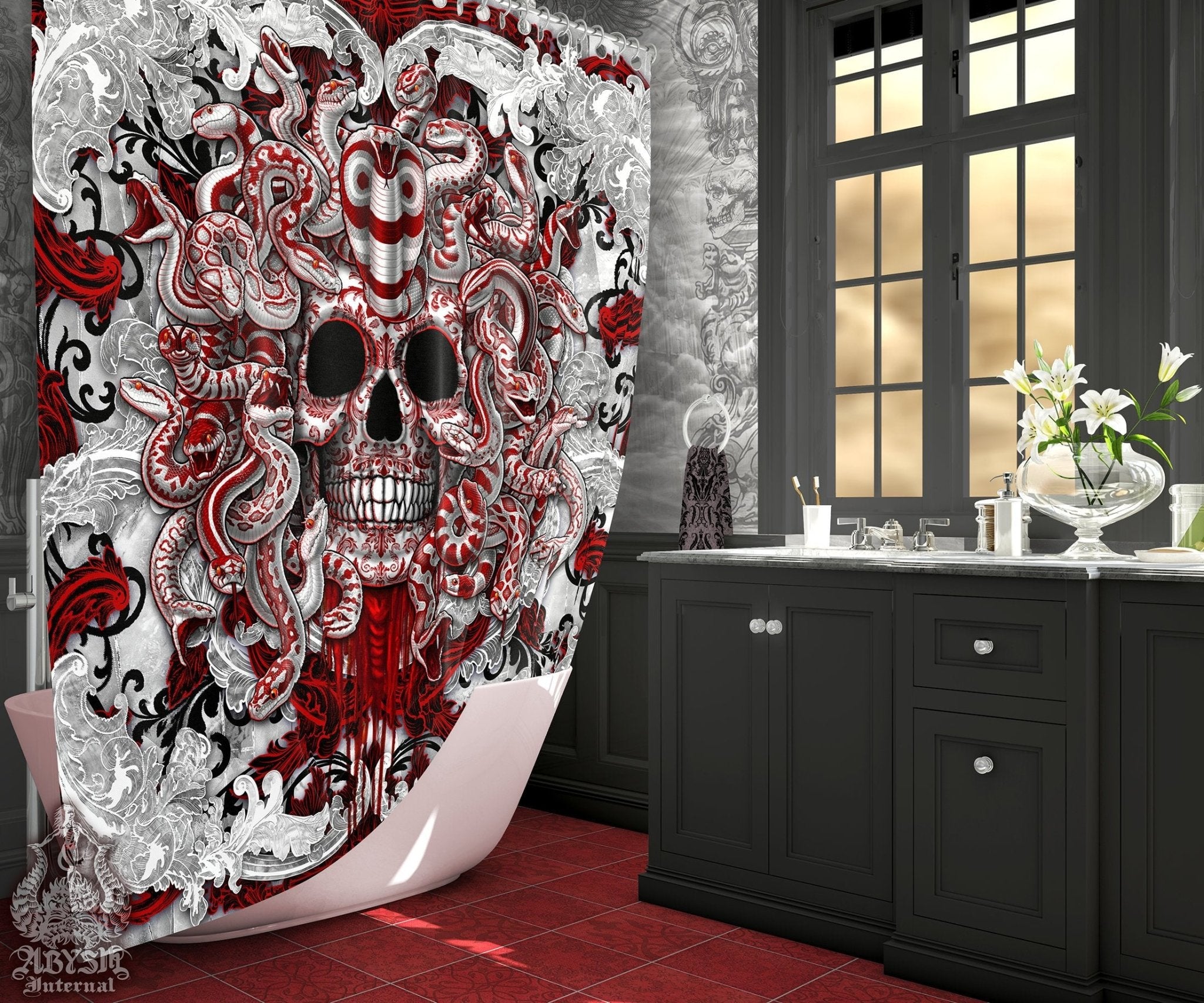 Skull Shower Curtain, Gothic Bathroom Decor, White Goth - Bloody Red Medusa and Snakes - Abysm Internal