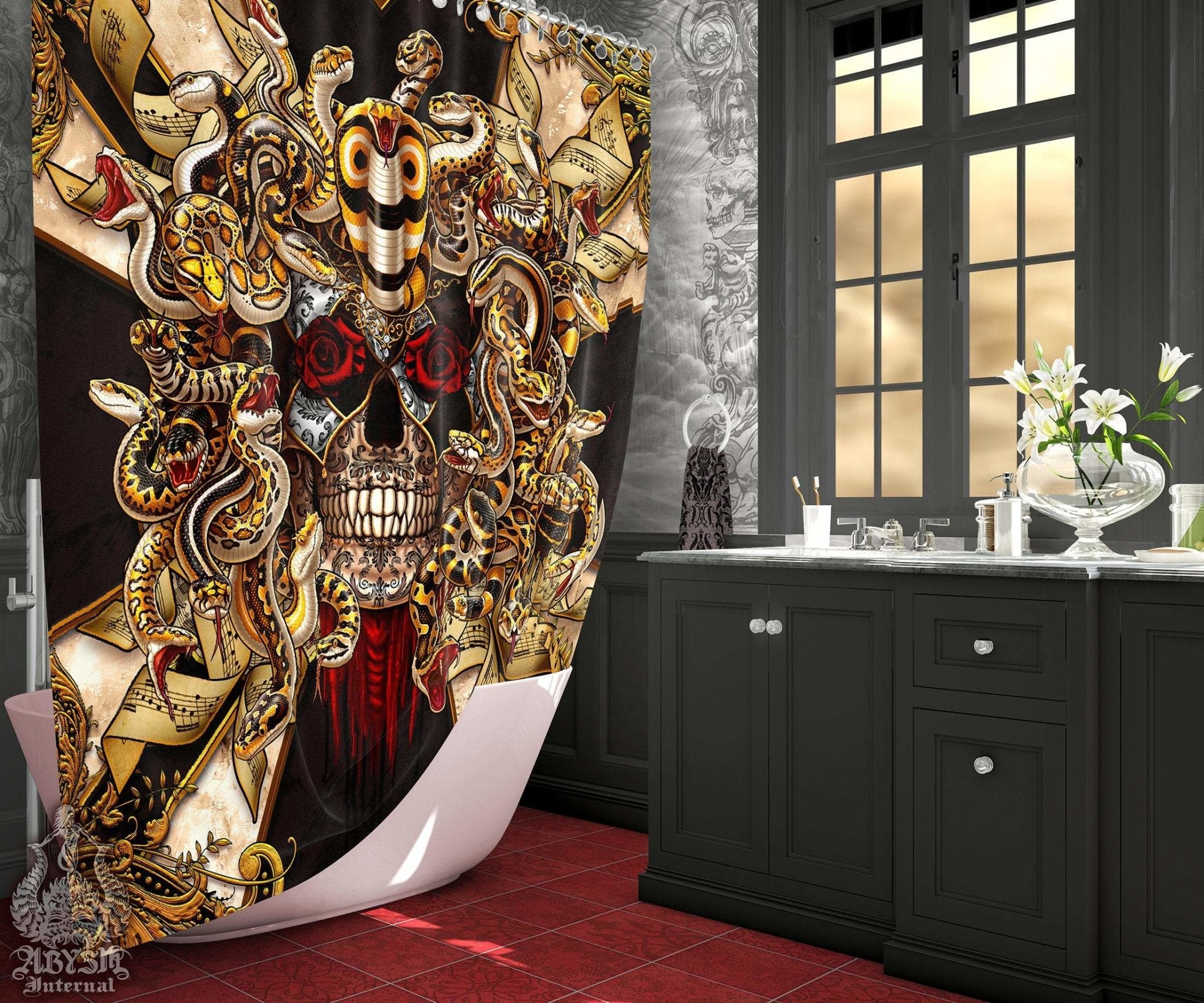 Skull Shower Curtain, Medusa, Gothic Bathroom Decor, Venice Carnival - Black Harlequin, Gold Snakes - Abysm Internal