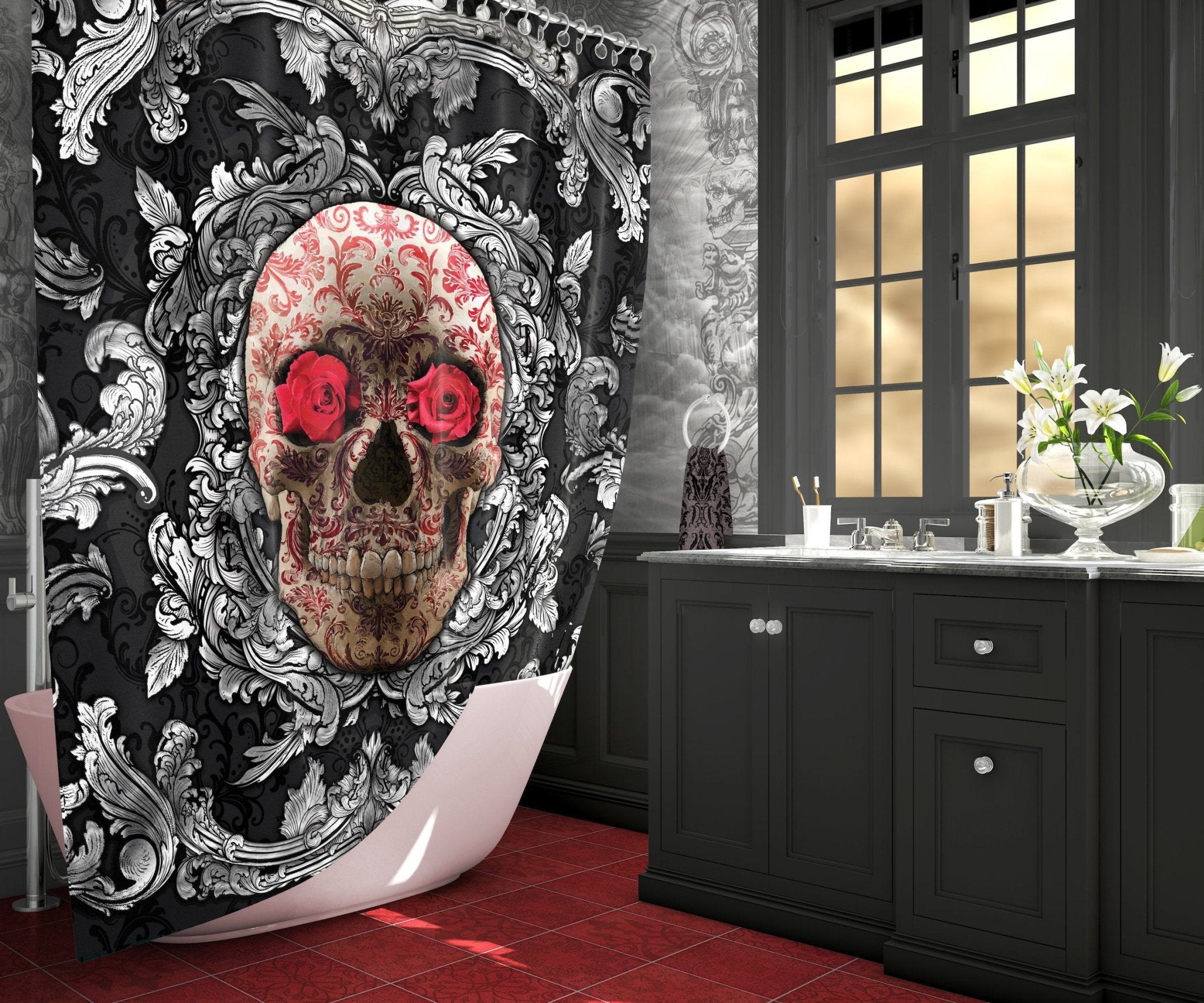 Skull Shower Curtain, Victorian Goth Bathroom Decor, Macabre Art - Silver & Red - Abysm Internal