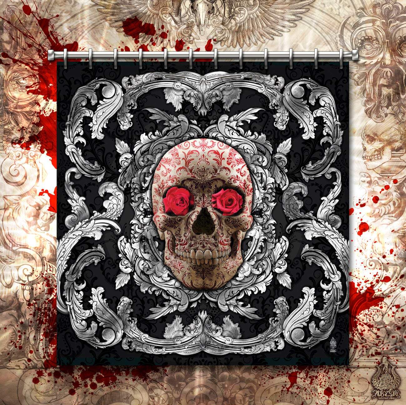 Skull Shower Curtain, Victorian Goth Bathroom Decor, Macabre Art - Silver & Red - Abysm Internal