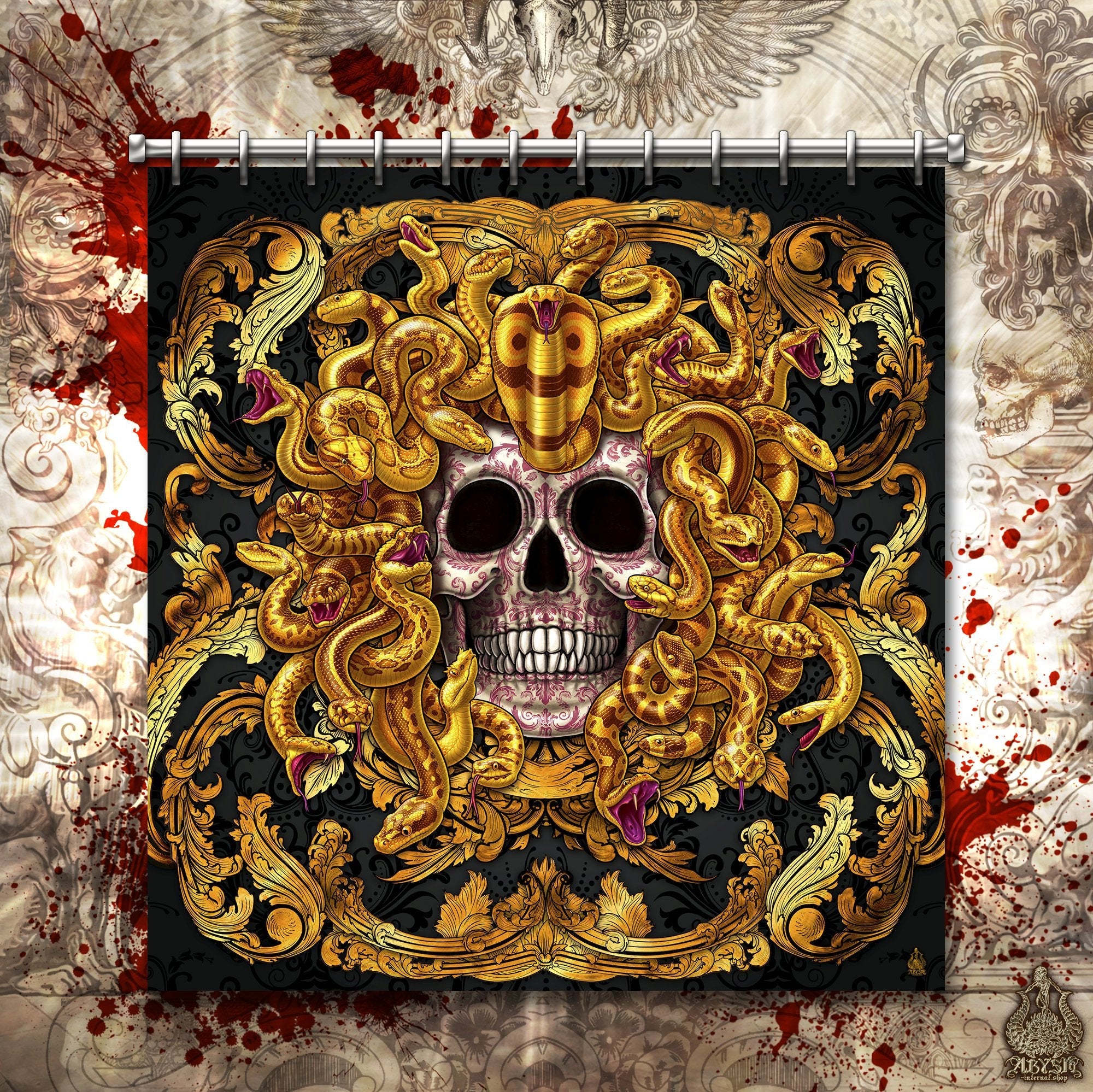 Skull Shower Curtain, Victorian Gothic Bathroom Decor - Medusa, Gold Snakes - Abysm Internal