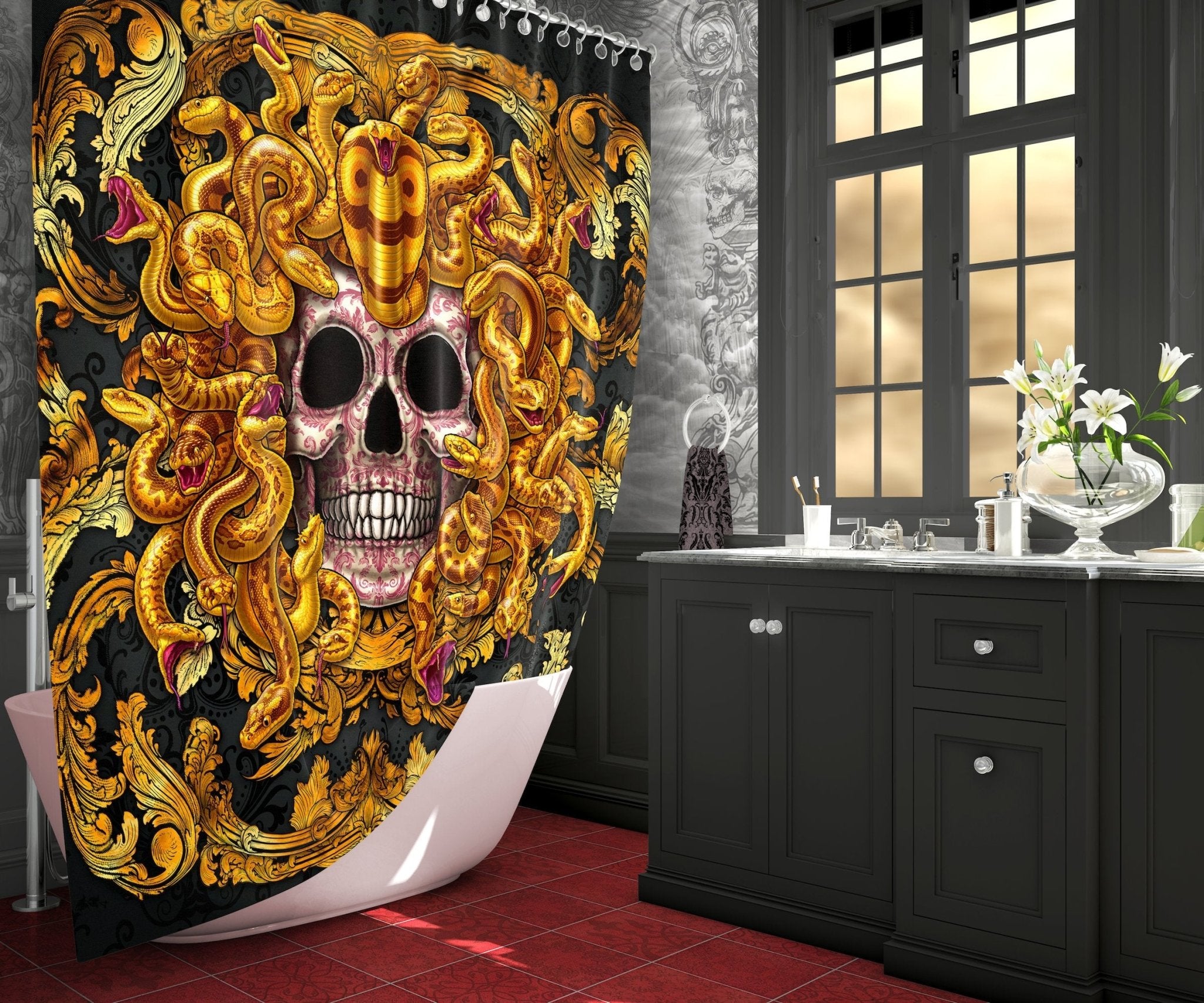Skull Shower Curtain, Victorian Gothic Bathroom Decor - Medusa, Gold Snakes - Abysm Internal
