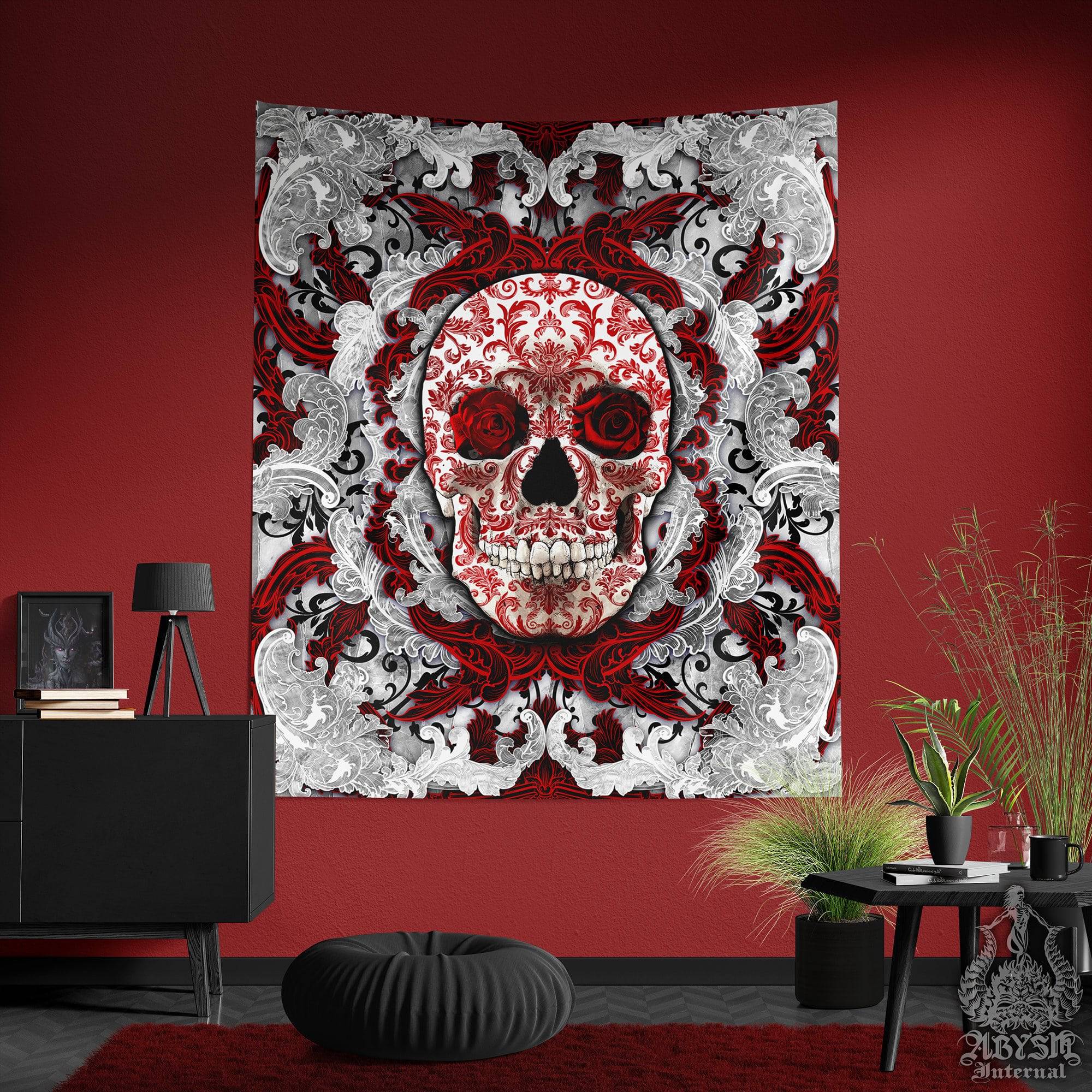 Skull Tapestry, Gothic Wall Hanging, Macabre Home Decor, Art Print - White Goth, Bloody & Red Roses - Abysm Internal