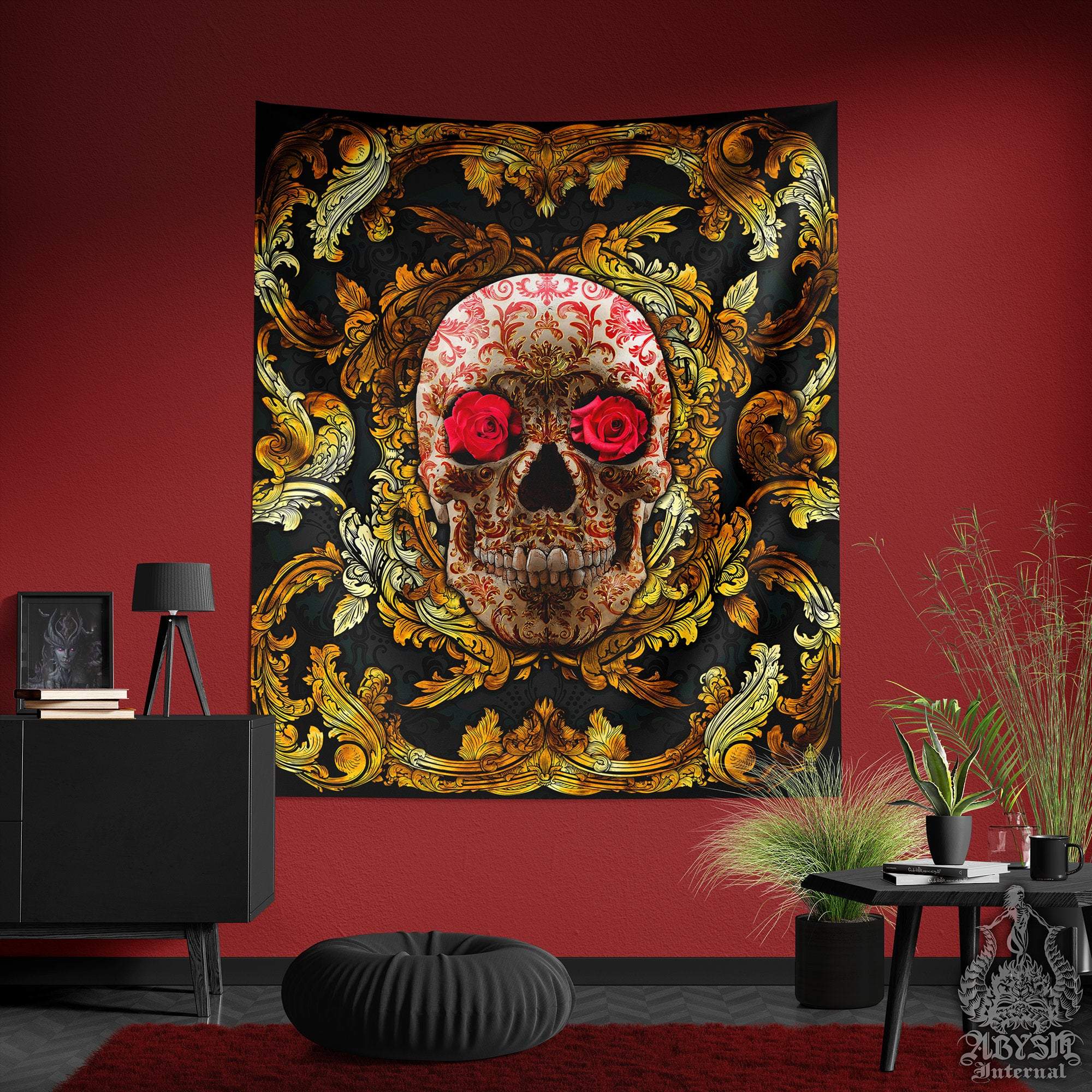 Skull Tapestry, Macabre Wall Hanging, Goth Home Decor, Art Print - Gold & Red Roses - Abysm Internal