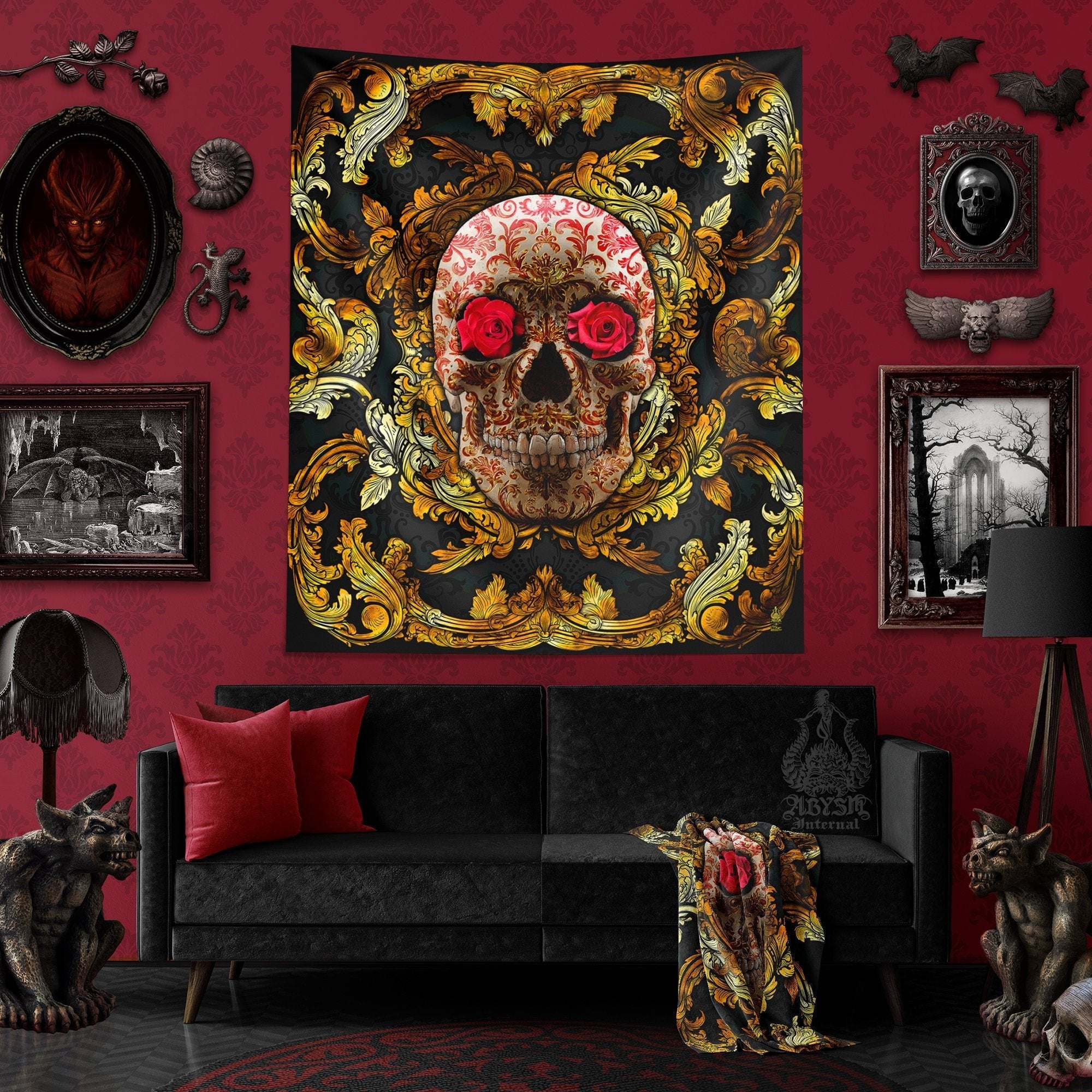 Skull Tapestry, Macabre Wall Hanging, Goth Home Decor, Art Print - Gold & Red Roses - Abysm Internal