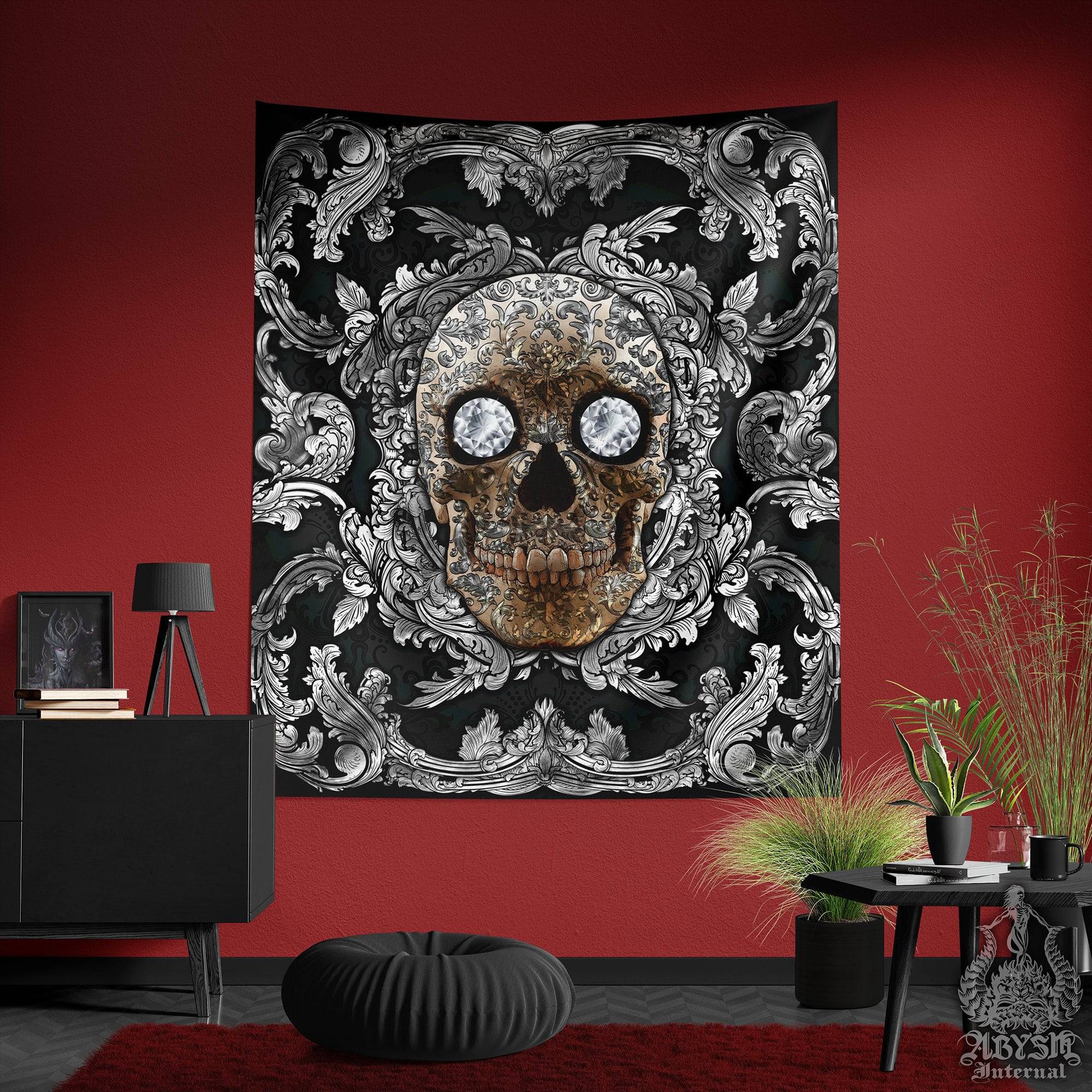 Skull Tapestry, Macabre Wall Hanging, Goth Home Decor, Art Print - Silver & Diamonds - Abysm Internal