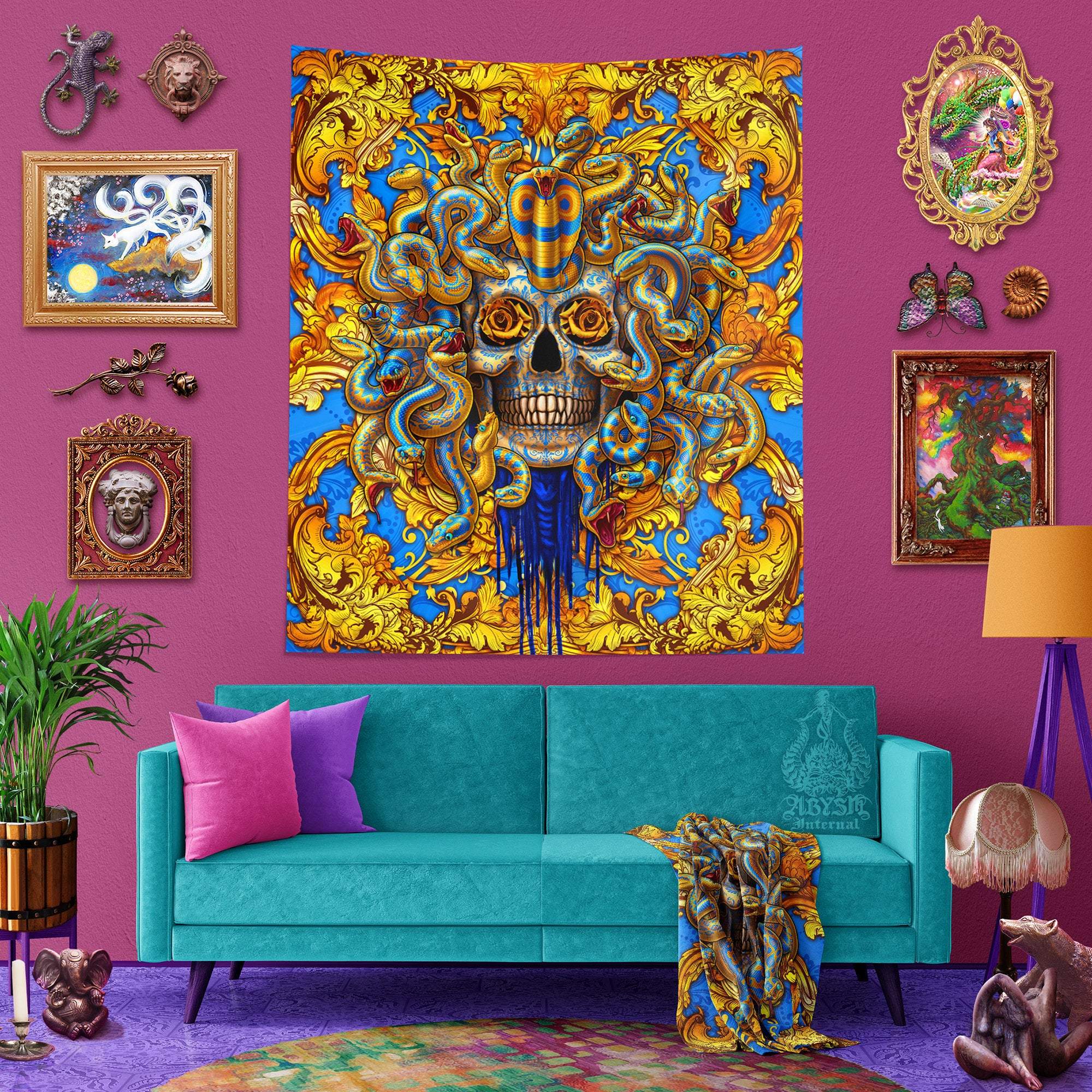 Skull Tapestry, Medusa Art Print, Macabre Decor, Eclectic and Funky - Cyan & Gold Snakes - Abysm Internal